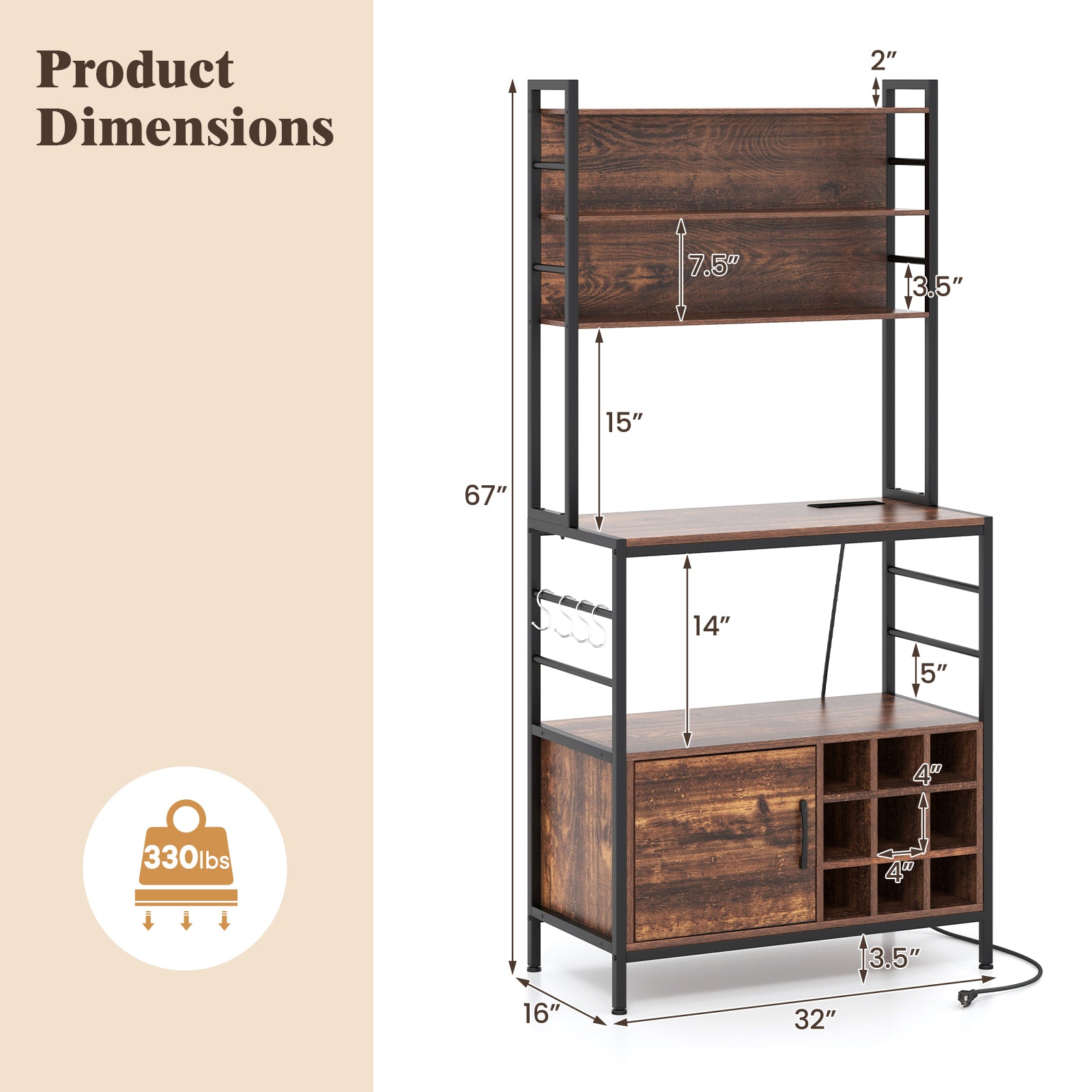 Coffee Bar Cabinet with S-Shaped Hooks and Wine Bottle Holders