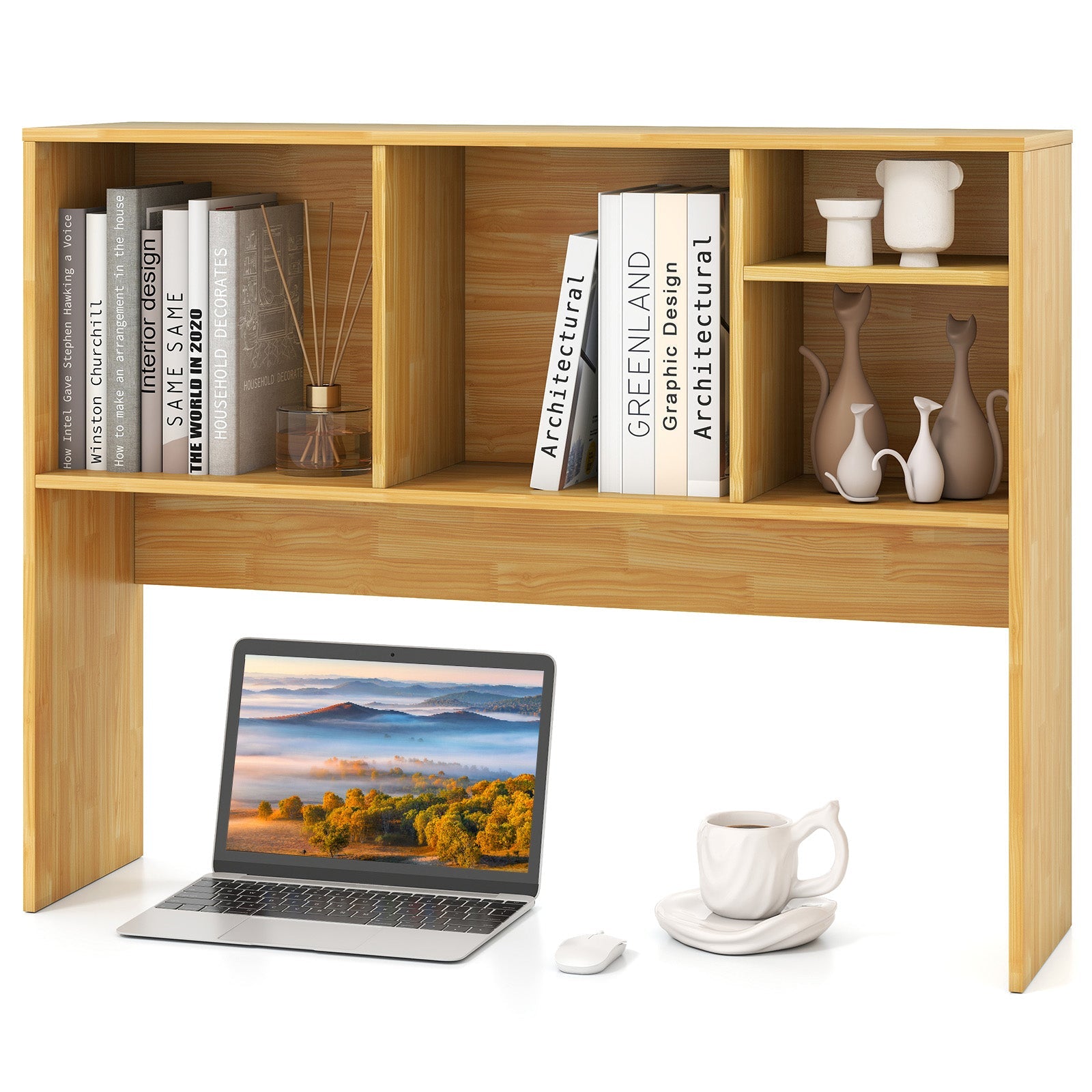 Computer Desktop Bookcase with 4 Cubbies and Open Back Compartment