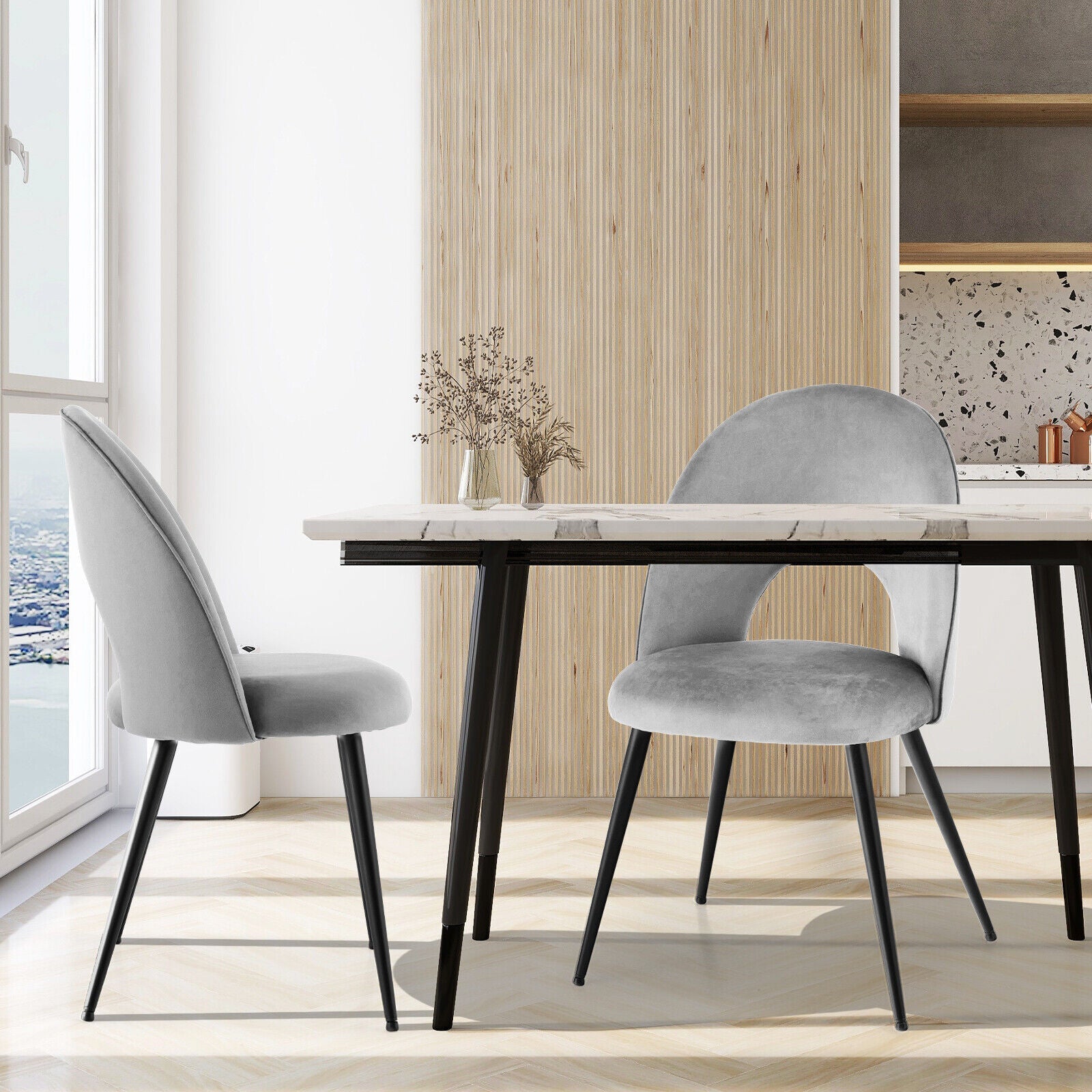 Dining Chair Set of 2 with Metal Base and Adjustable Pads