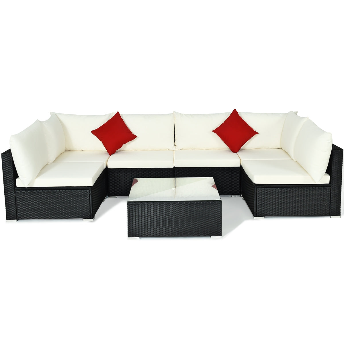 7 Pieces Sectional Wicker Furniture Sofa Set with Tempered Glass Top-Red