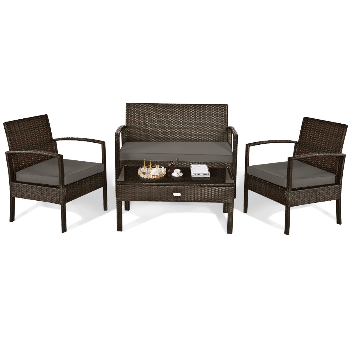 4 Pieces Patio Rattan Cushioned Furniture Set