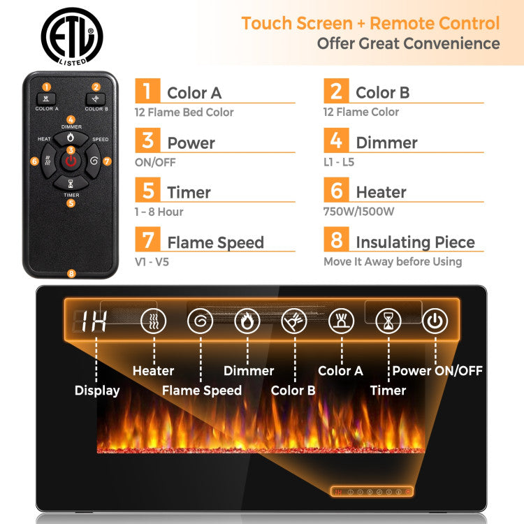 36" Slim Wall Mount Fireplace