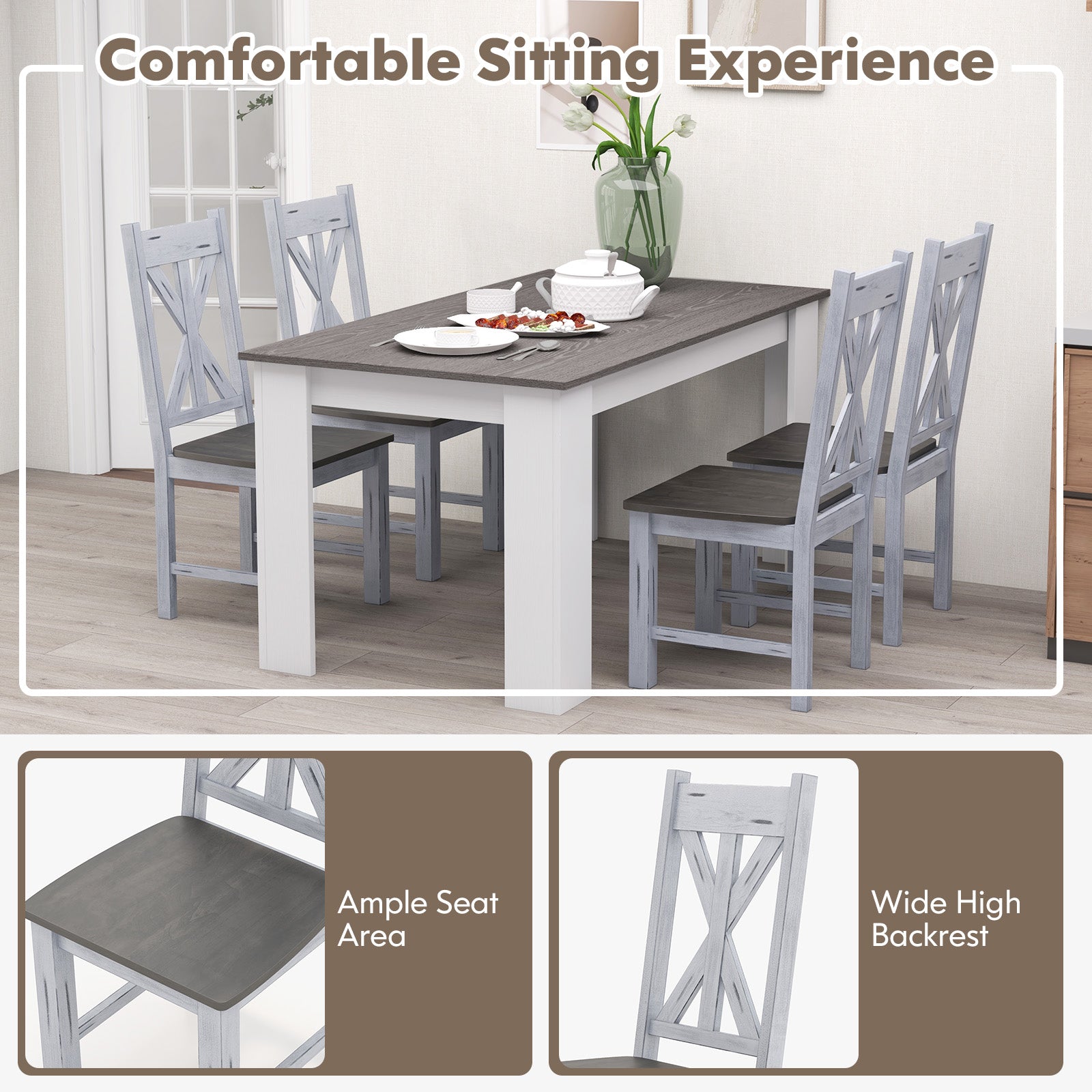 Farmhouse Chair Set of 2 with Rubber Wood Frame and Elegant Hollowed Backrest-Gray