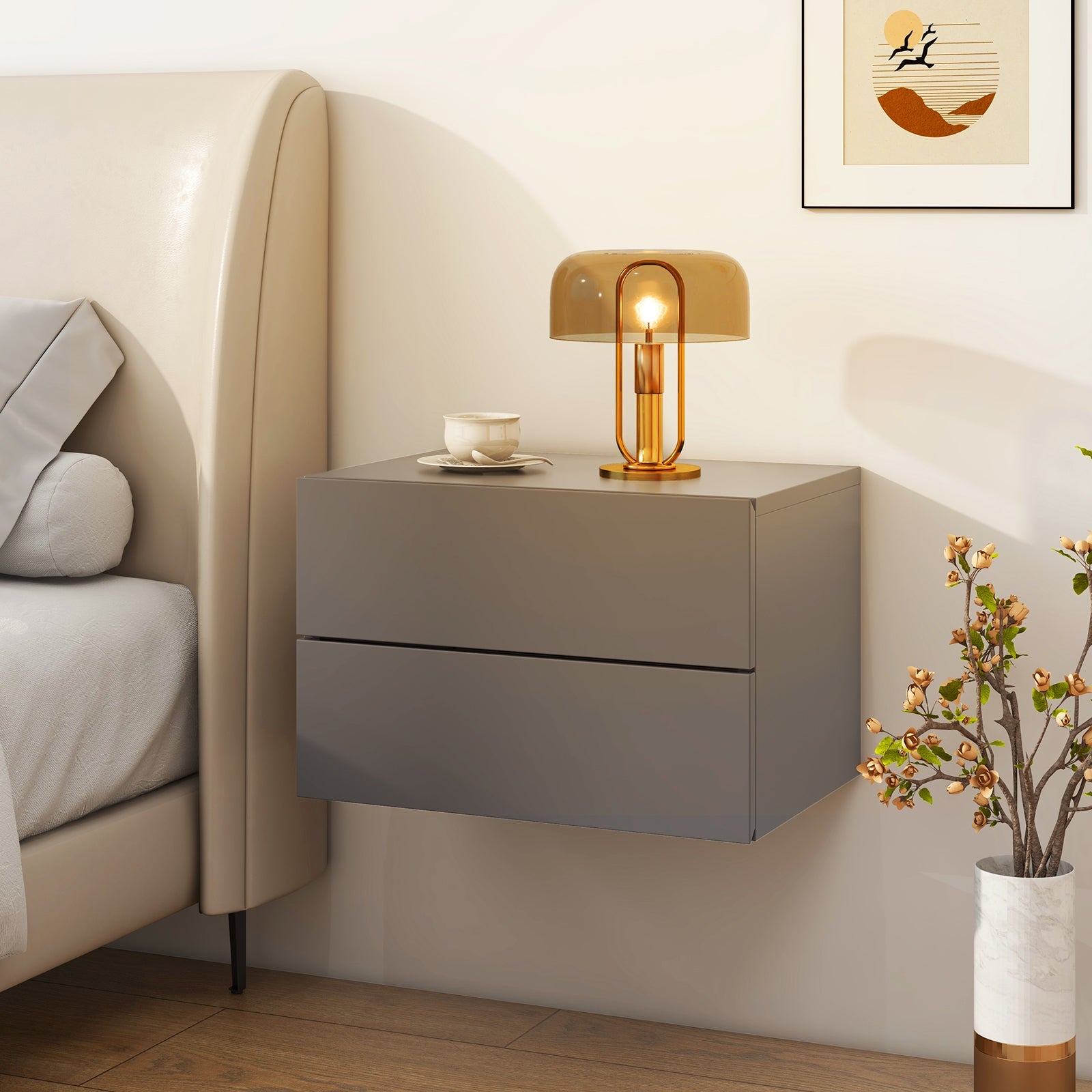 Floating Nightstand with Drawers and Storage Shelf