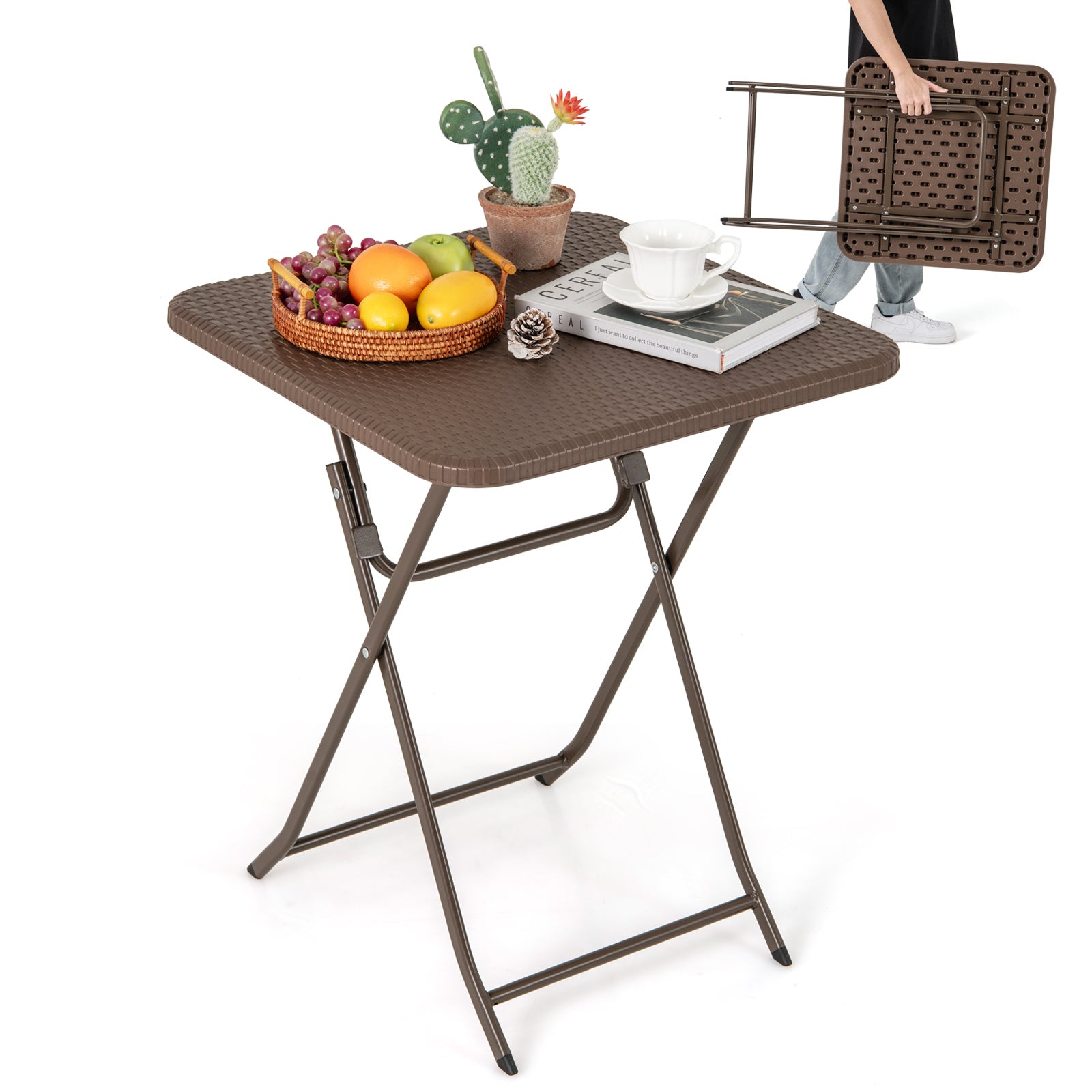 Folding Picnic Table with Rattan Grain HDPE Tabletop and Sturdy Metal Fame-Coffee