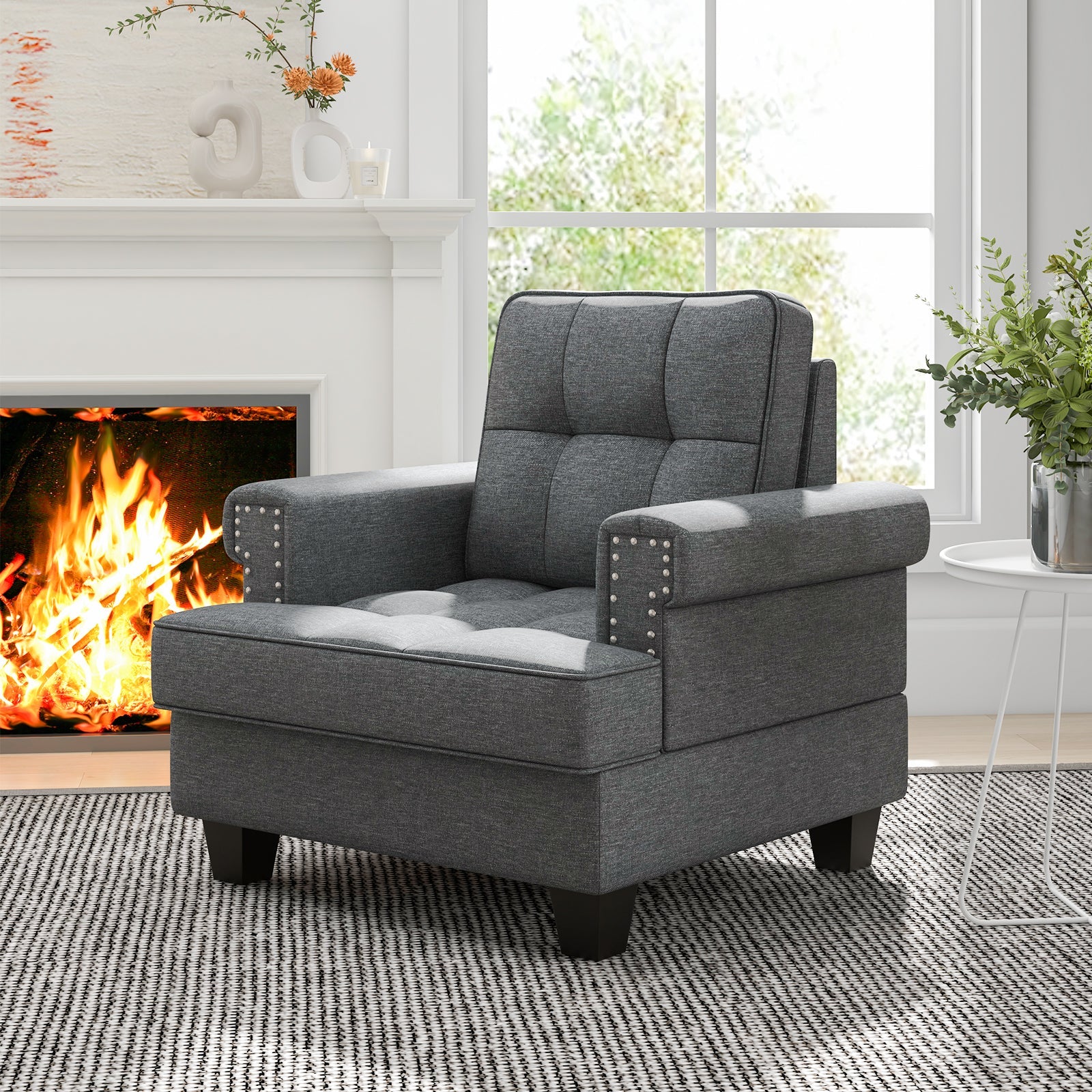 Mid-century Modern Accent Armchair Tufted Linen Club Chair