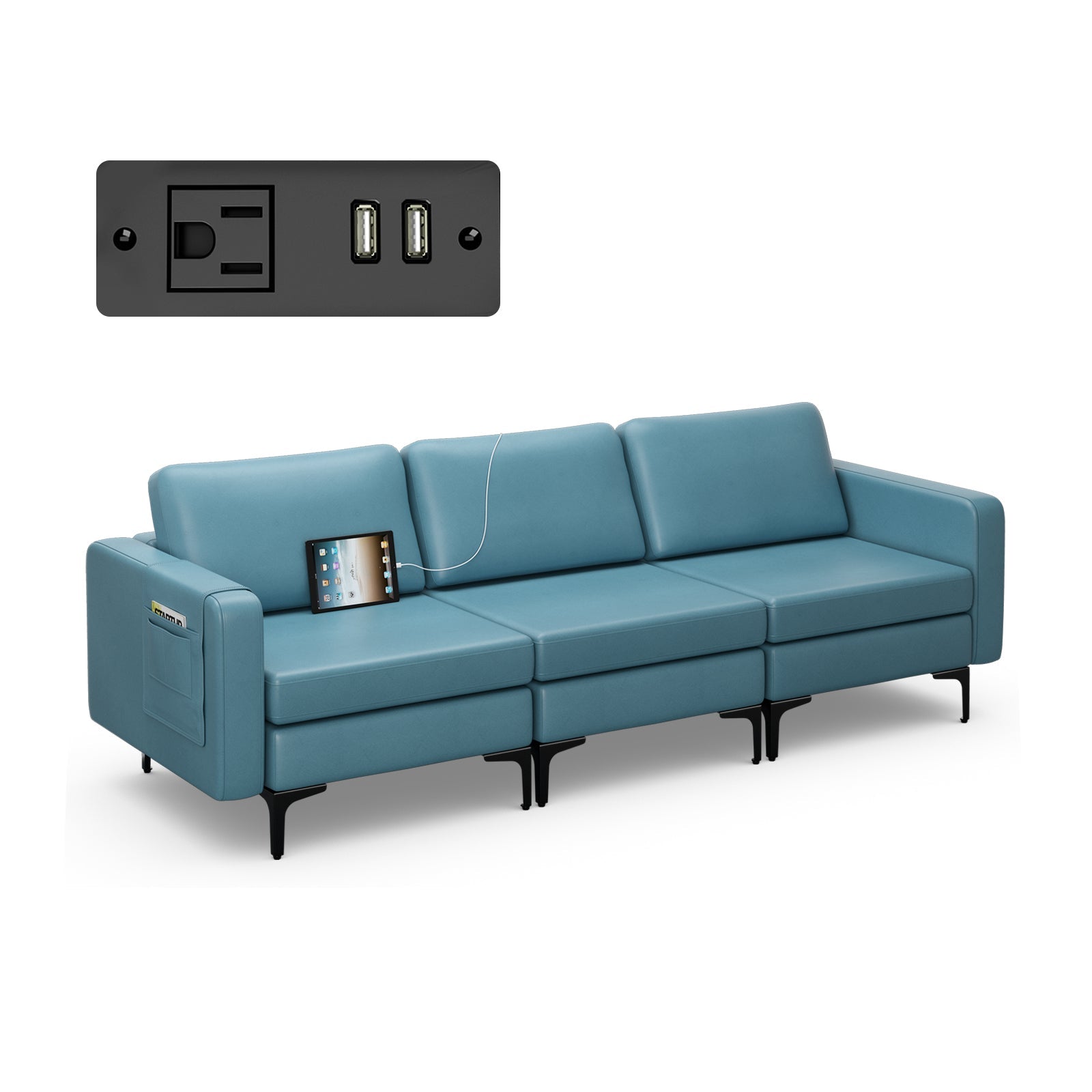 Convertible Leather Sofa Couch with Magazine Pockets 3-Seat with 2 USB Port