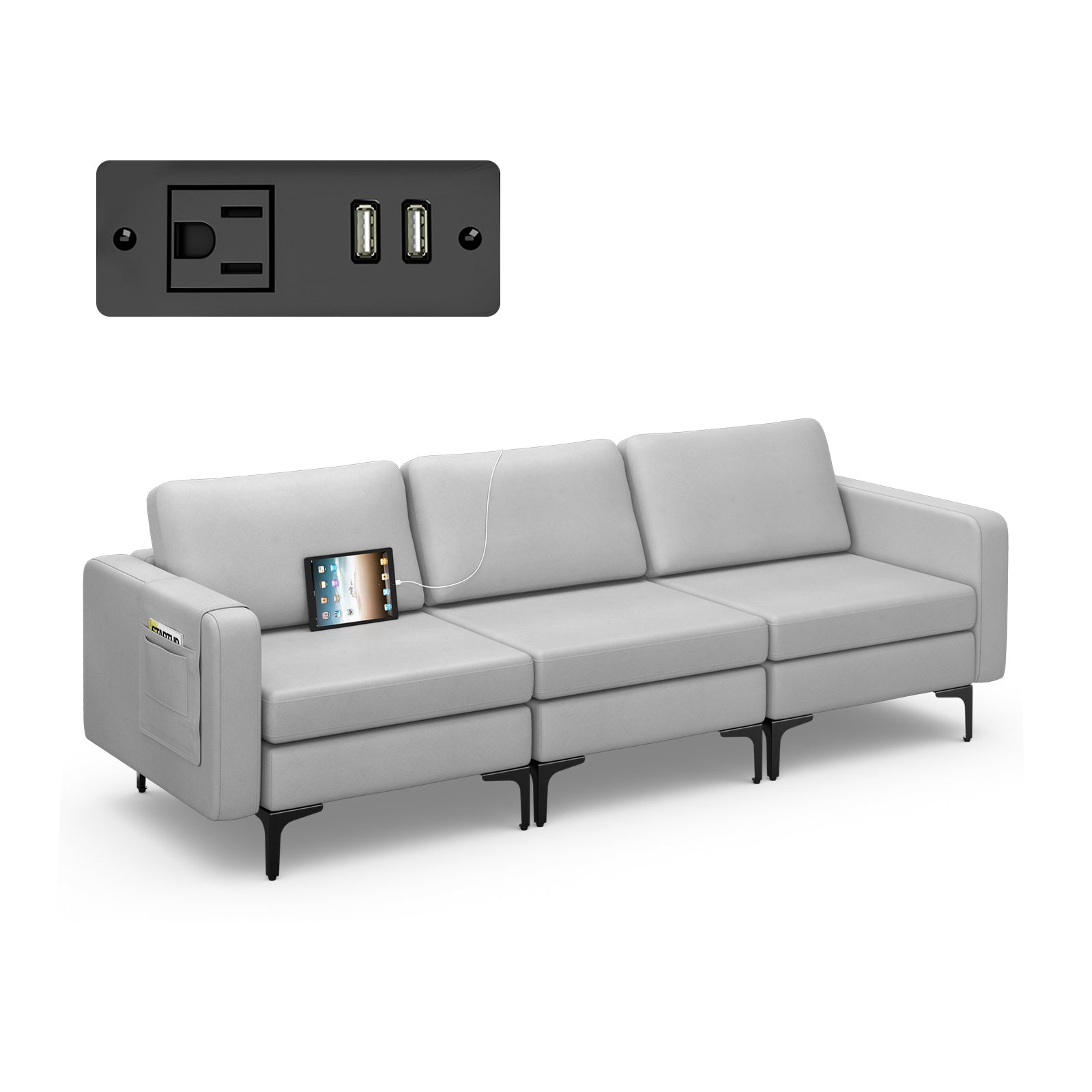 Convertible Leather Sofa Couch with Magazine Pockets 3-Seat with 2 USB Port