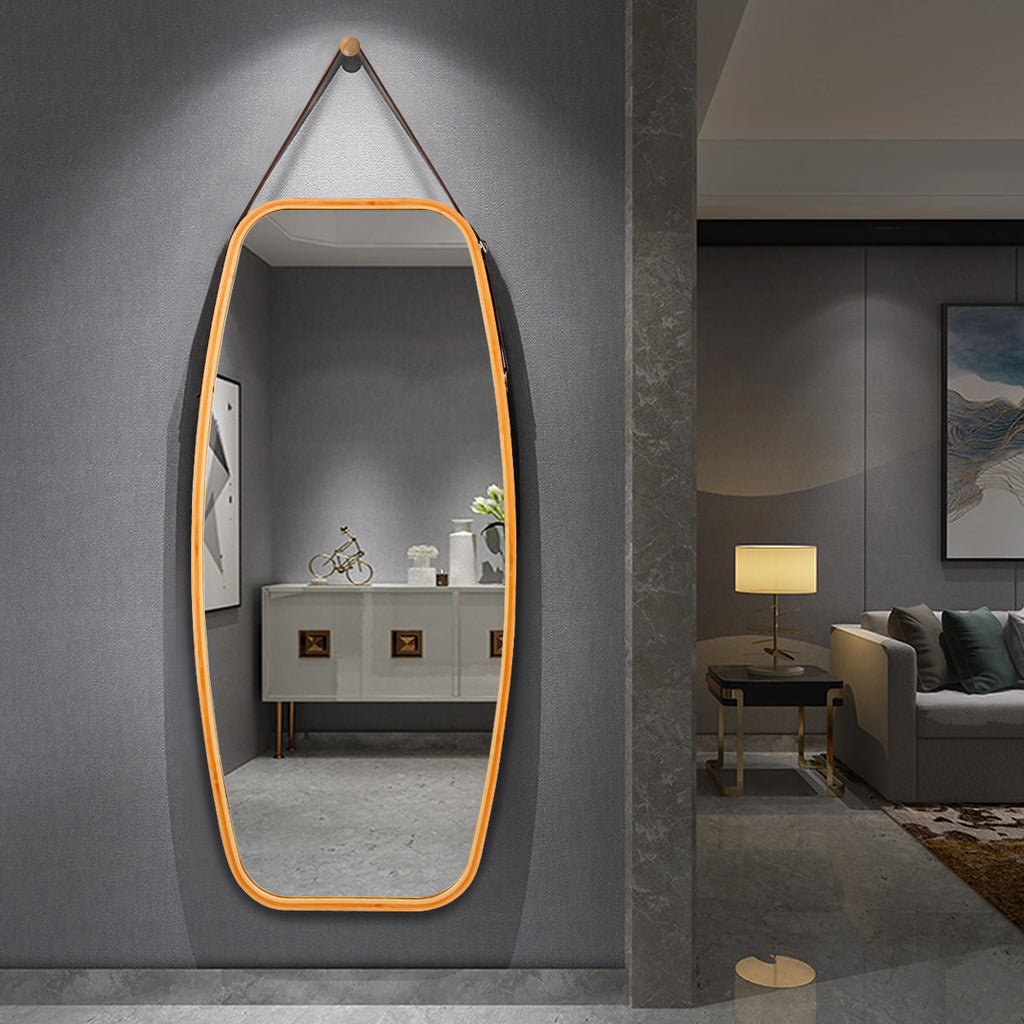 Modern Wall Mirror with Bamboo Frame and Adjustable Leather Strap