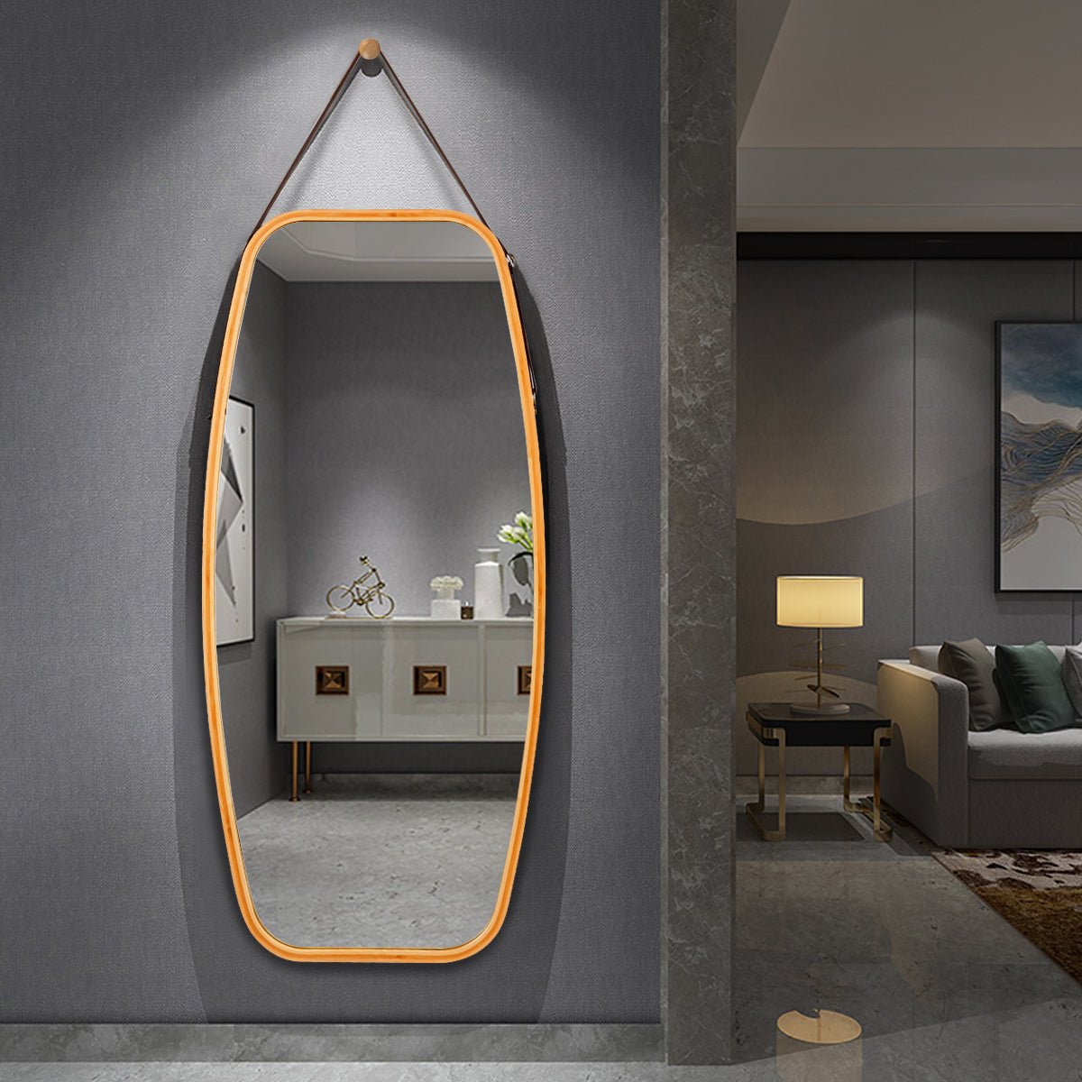 Modern Wall Mirror with Bamboo Frame and Adjustable Leather Strap