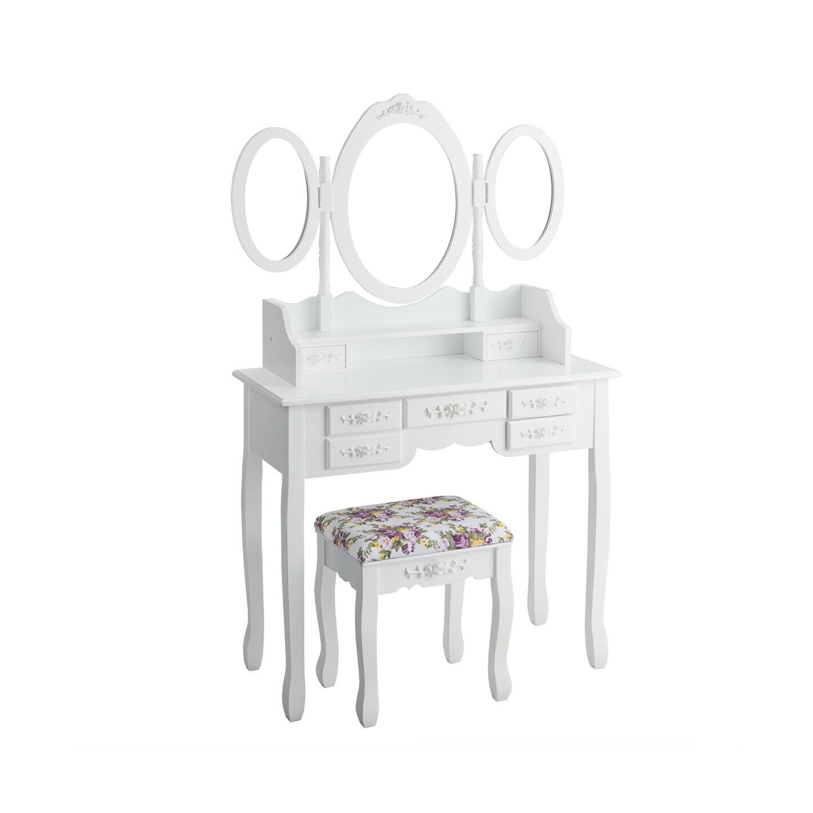 7 Drawer Tri-Folding Mirror Dressing Vanity Makeup Set