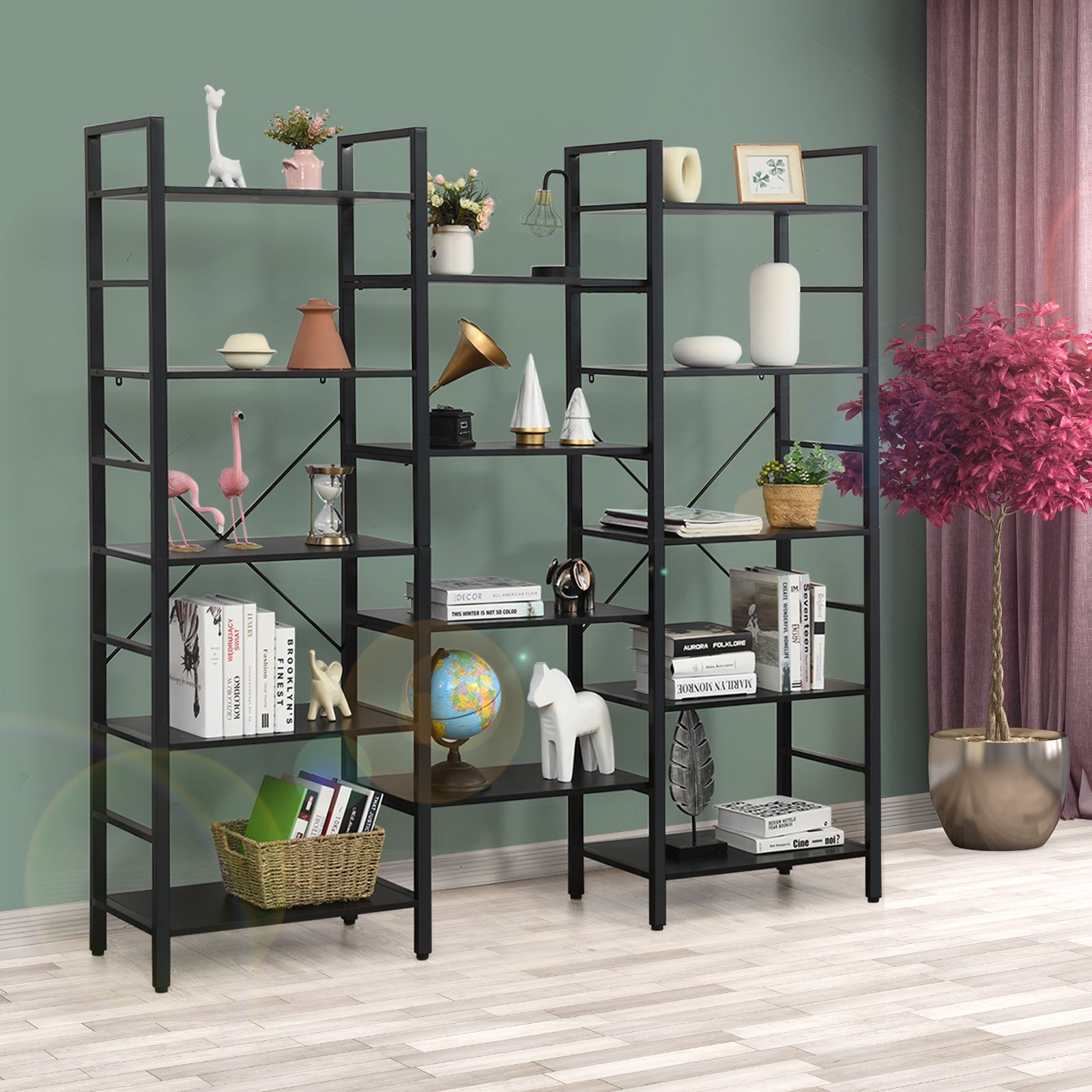 Vintage Triple Wide 5-Tier Bookcase Large Bookshelf Display Storage Shelf