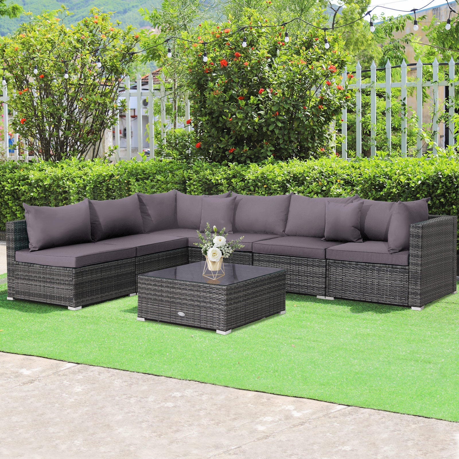 7 Pieces Patio Rattan Furniture Set Sectional Sofa Garden Cushion