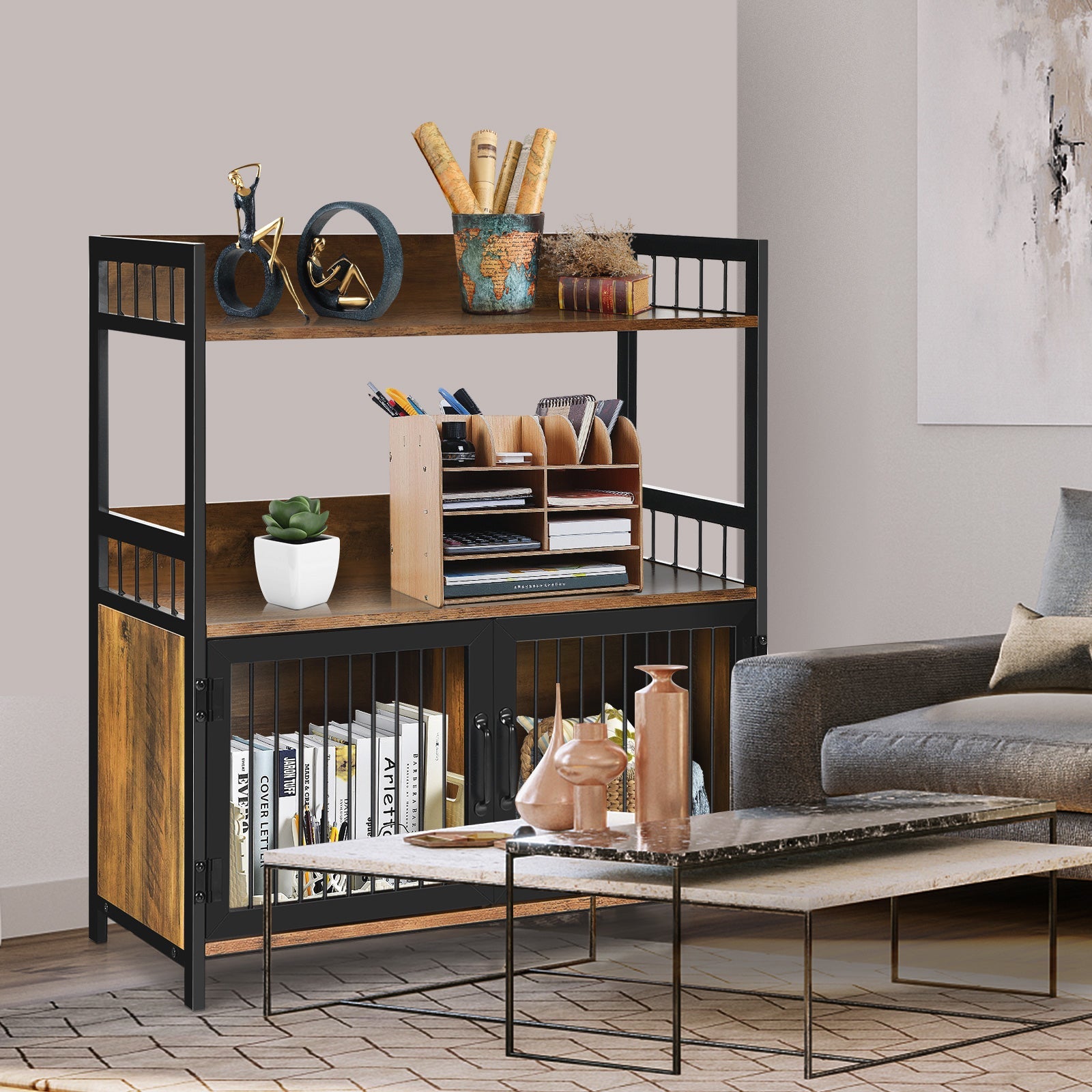 2-Tier Baker's Rack Industrial Kitchen Microwave Oven Stand with Storage Cabinet-Rustic Brown