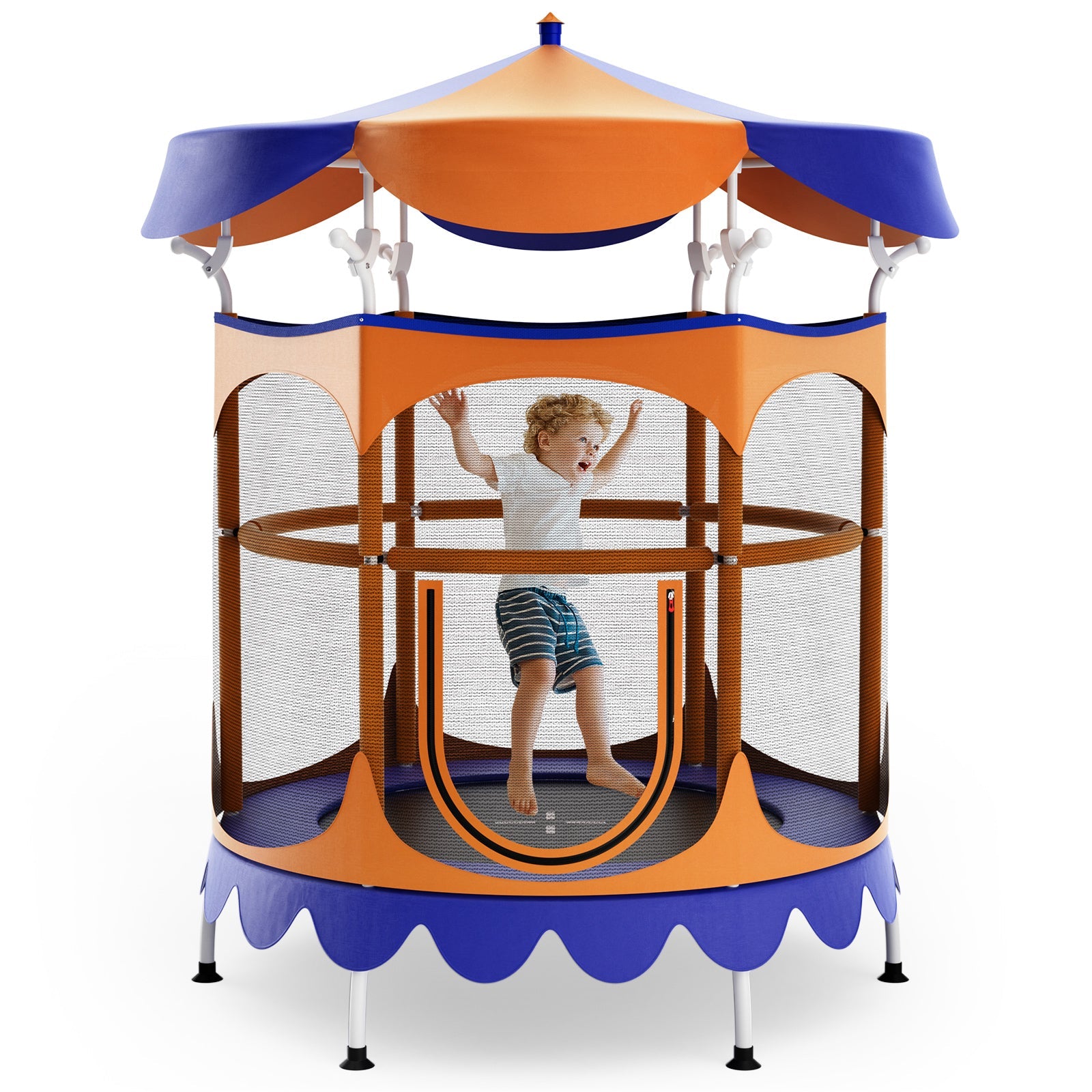 64 Inch Kids Trampoline with Detachable Canopy and Safety Enclosure Net