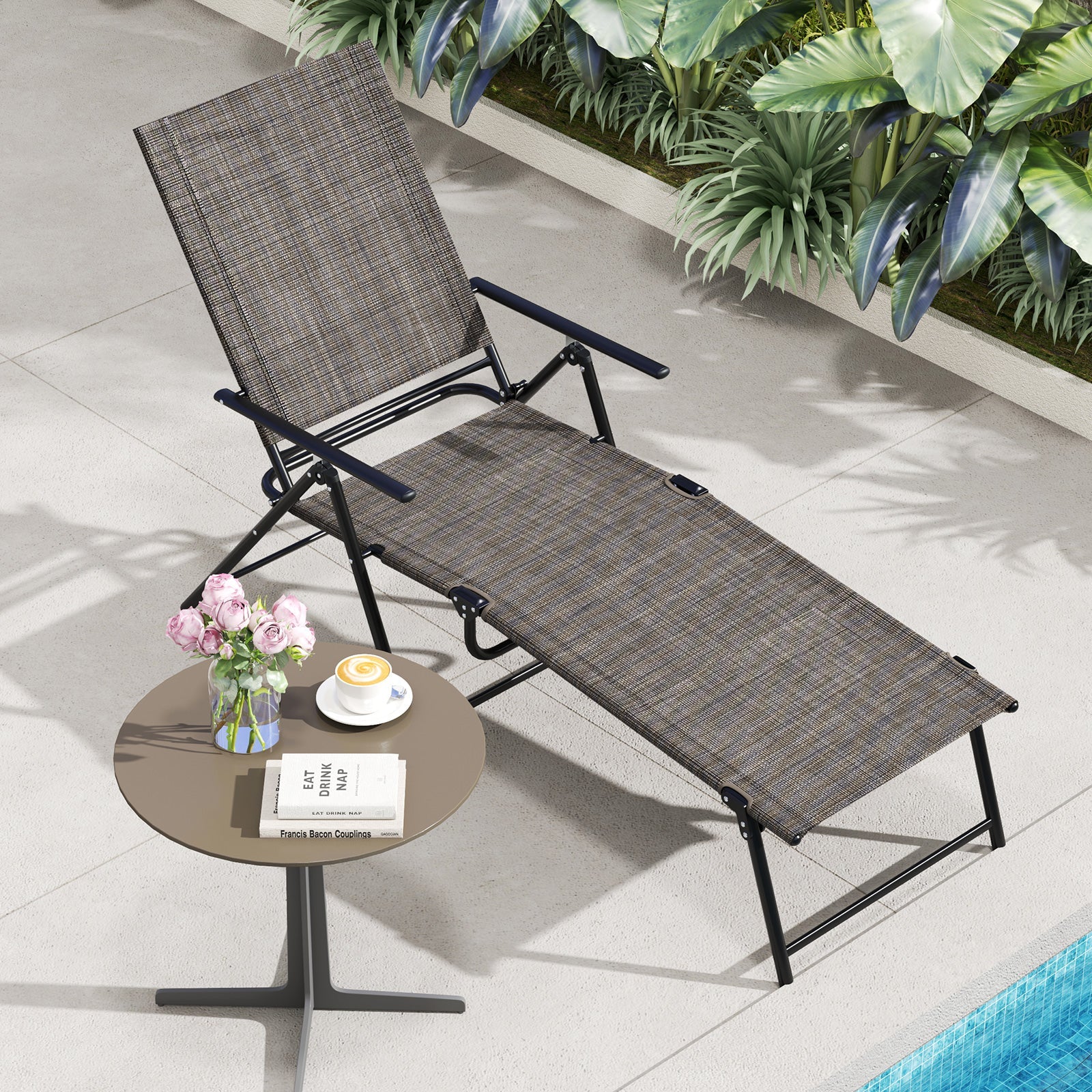 Patio Folding Chaise Lounge Chairs Recliner with 6-Level Backrest-Brown