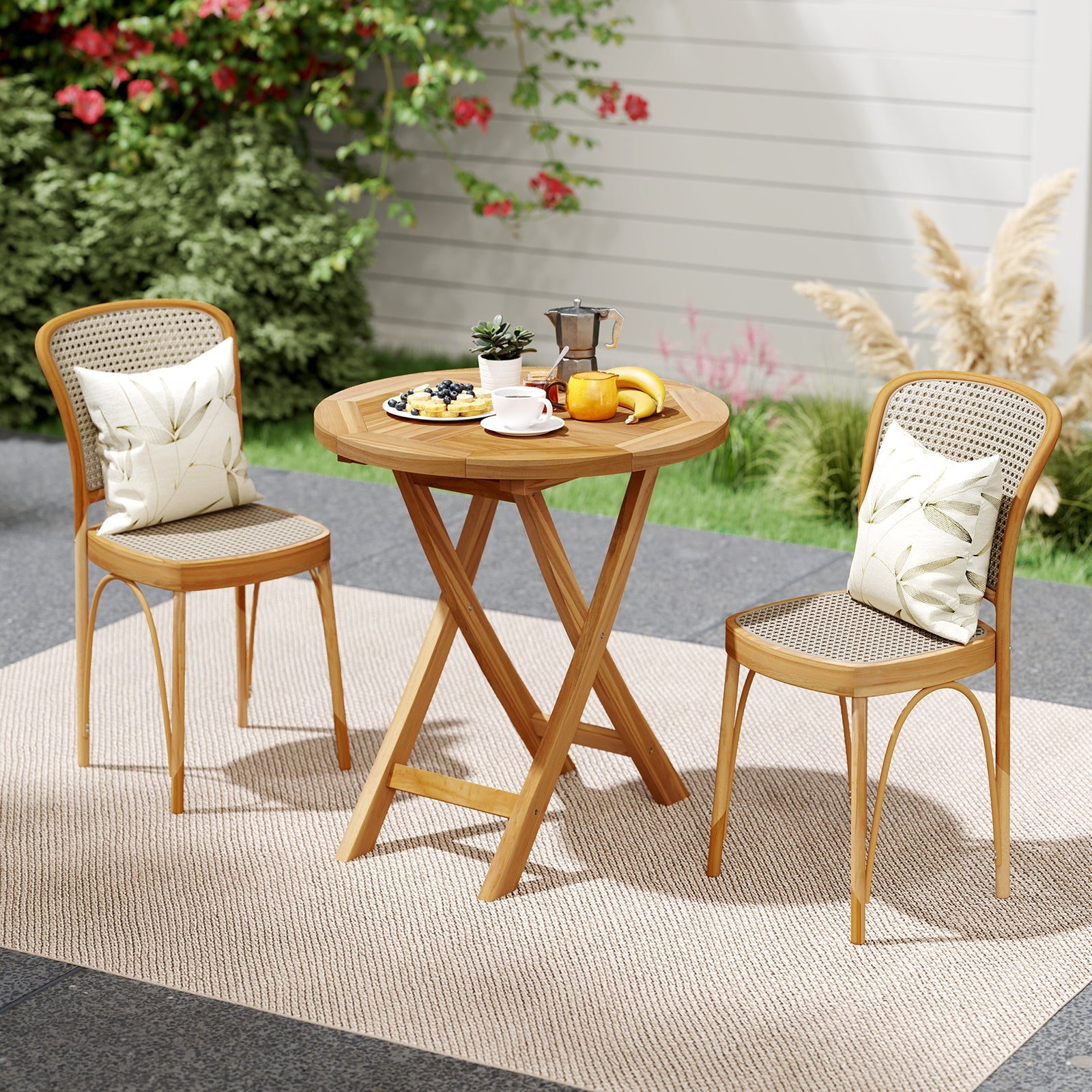 Patio Teak Wood Dining Table with Slatted Tabletop and Sturdy X-Shaped Frame