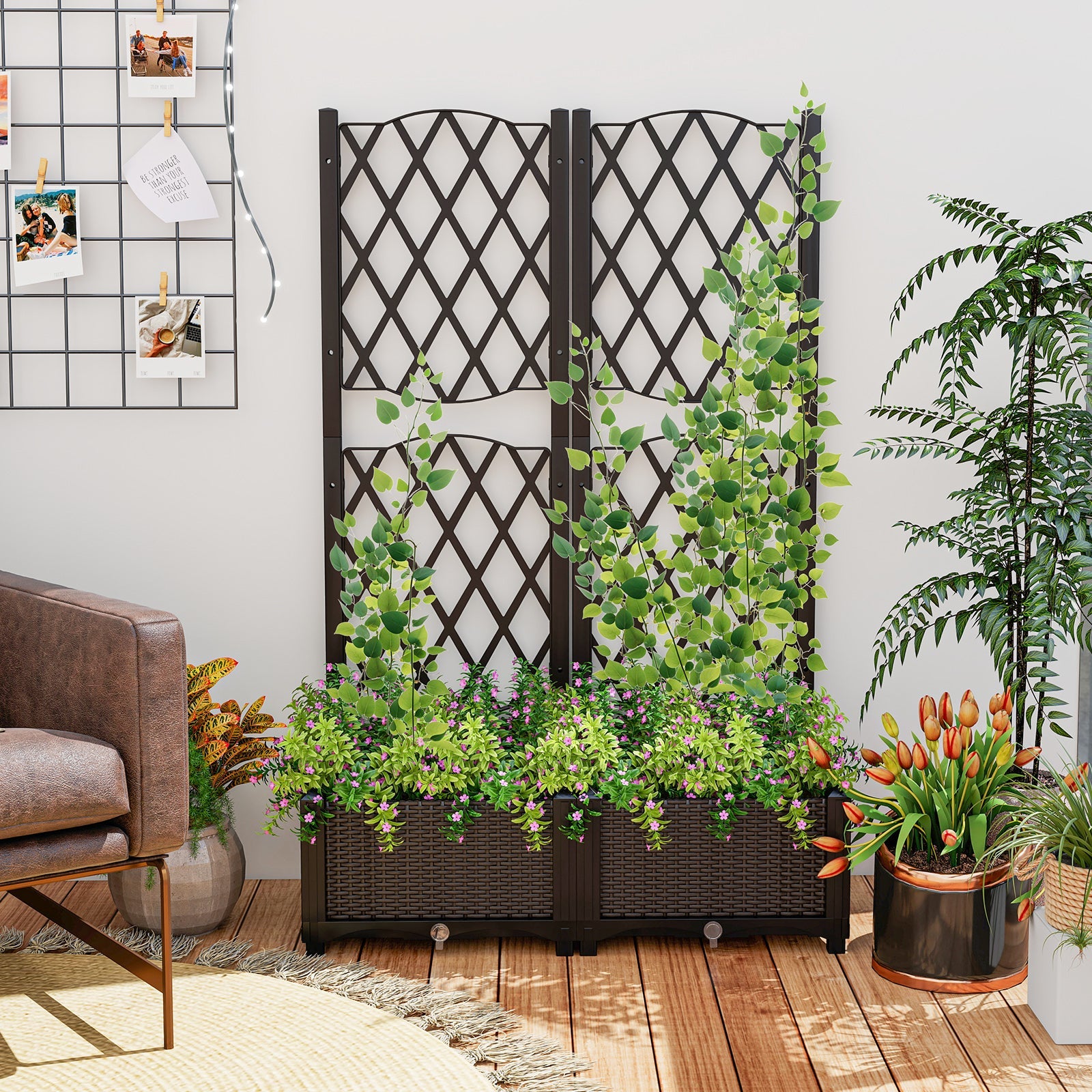 PE Rattan Raised Garden Bed with Trellis Planter Box for Climbing Plants-Brown