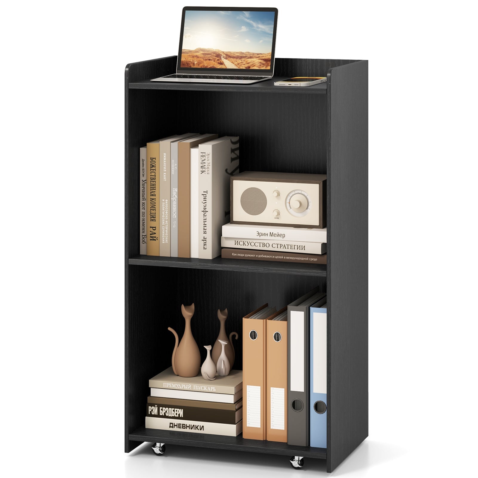 Rolling Podium Stand with 2 Shelves and Lockable Wheels