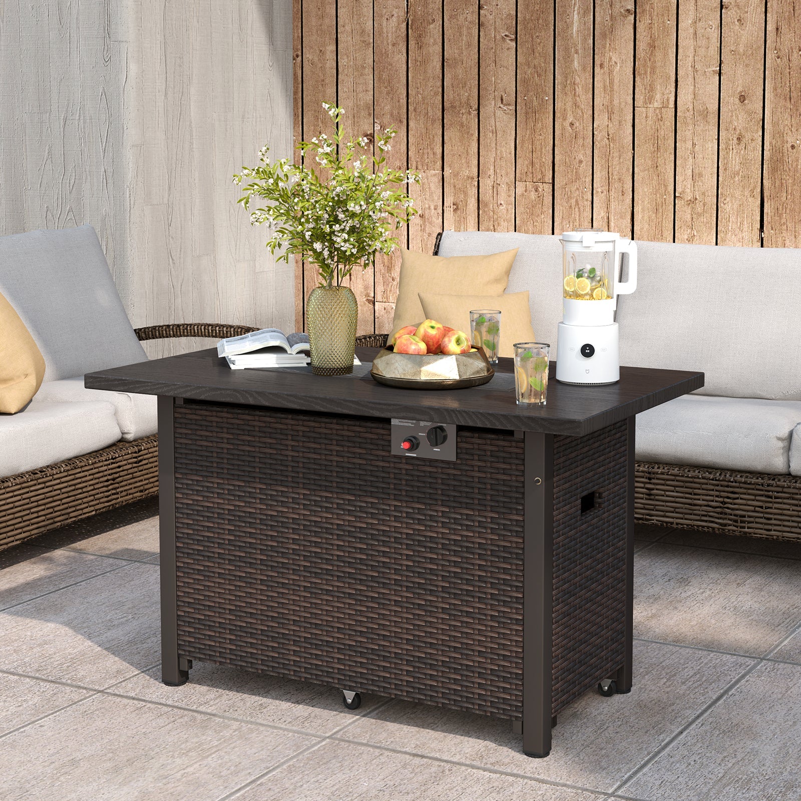 50000 BTU 2 Inch ropane Gas Fire Pit Table with Wind Guard and Glass Rocks