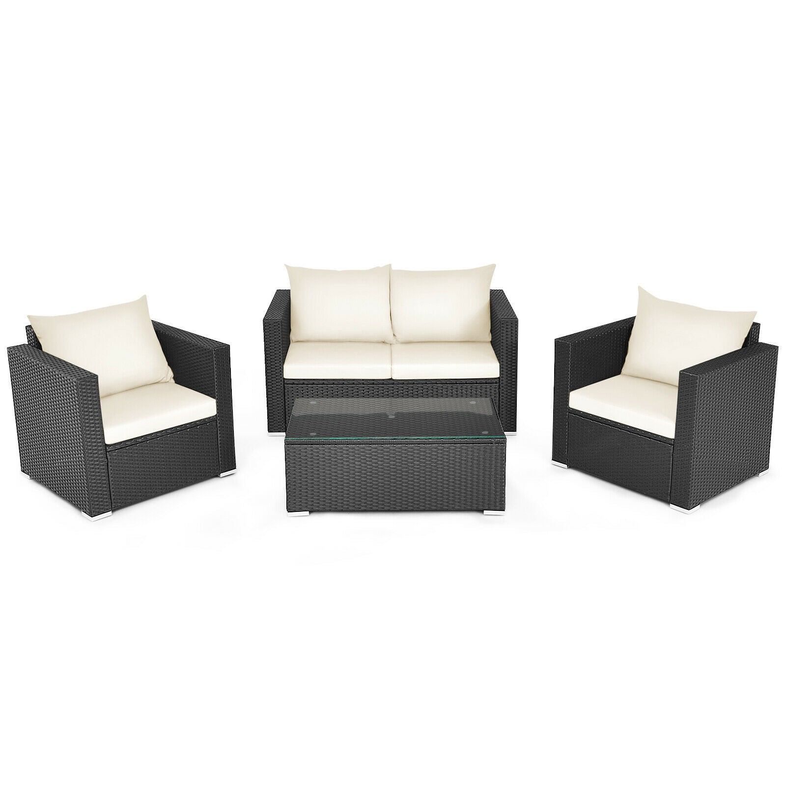 4 Pieces Patio Rattan Conversation Set with Cushions and Coffee Table-Black