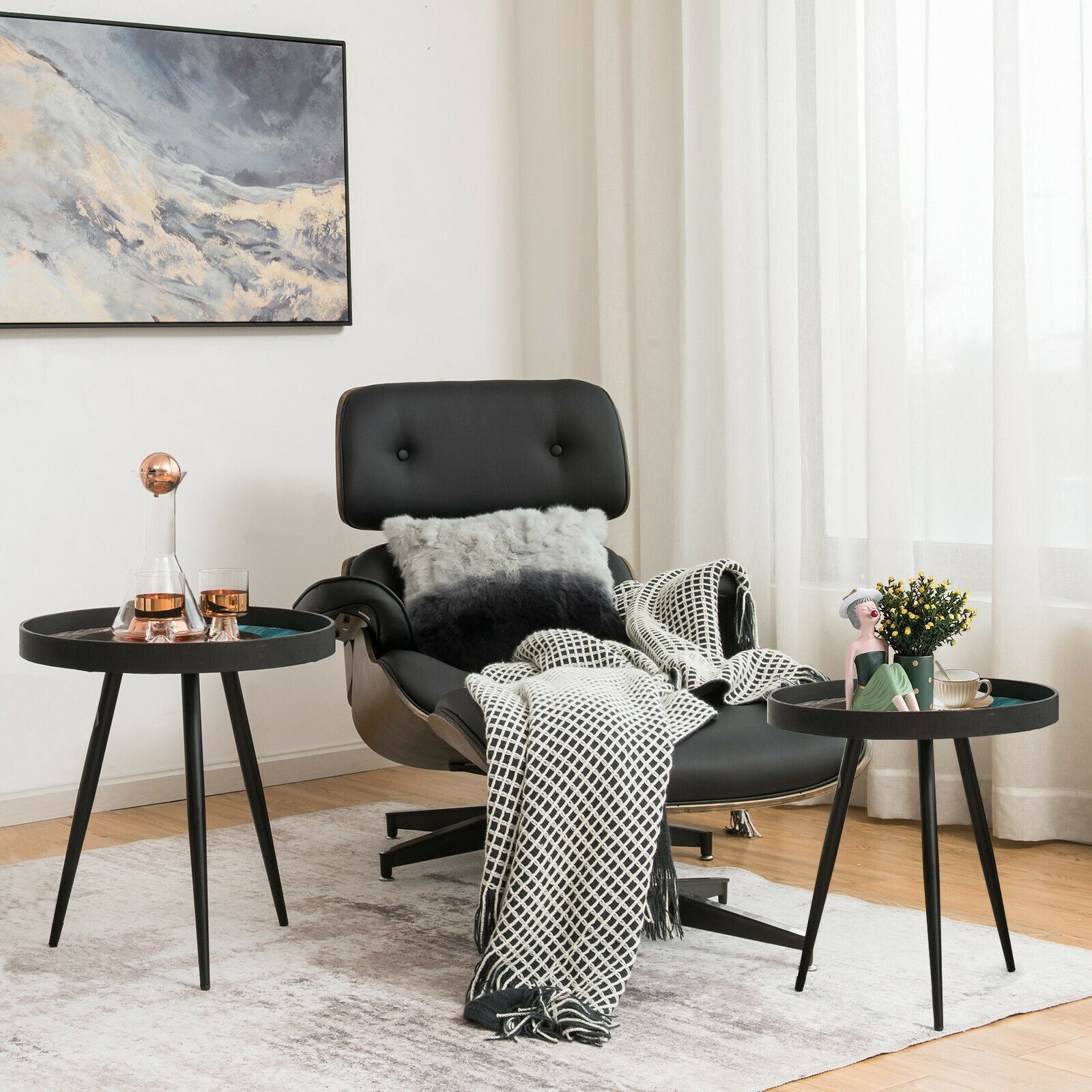 Set of 2 Stylish Nesting End Tables with Wooden Tray Top and Steel Legs-Black