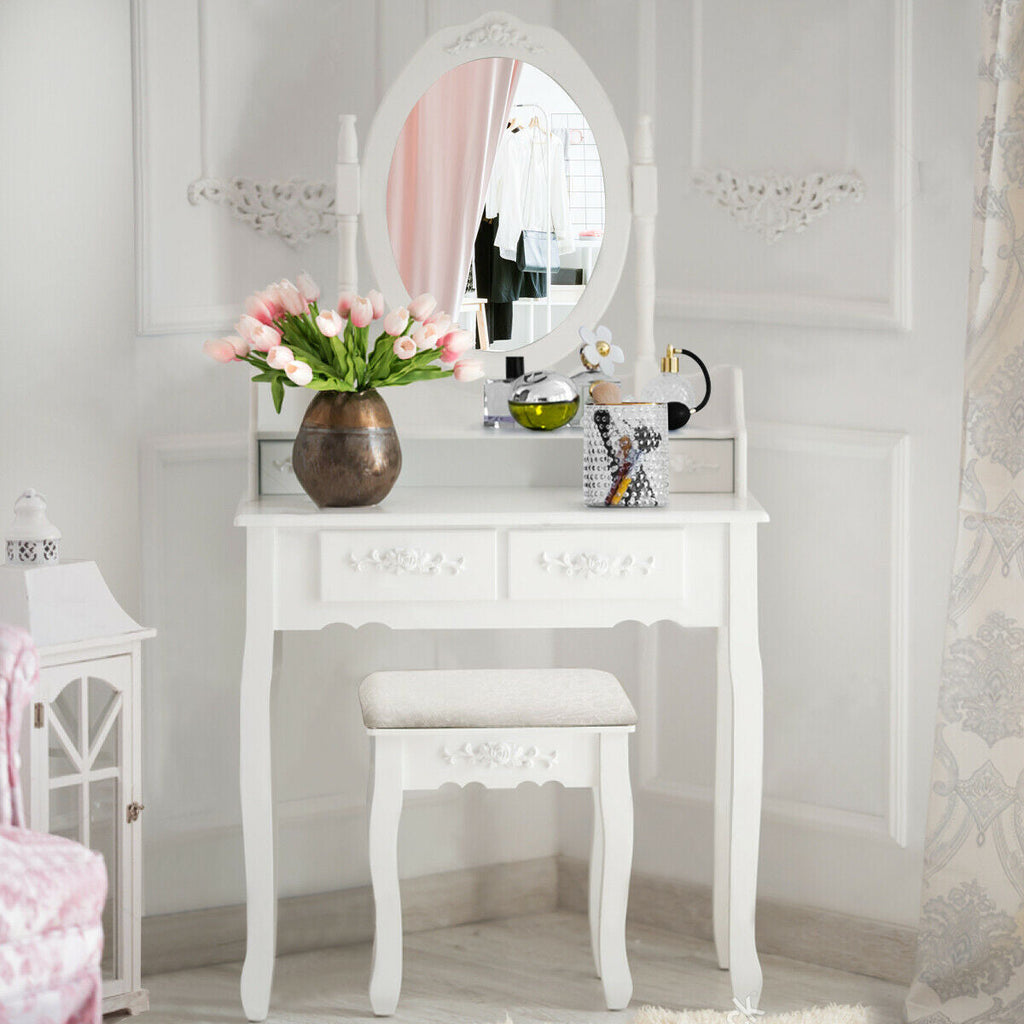 Wood Vanity Table Set with Oval Mirror and 4 Drawers for Kids Girls Women-White