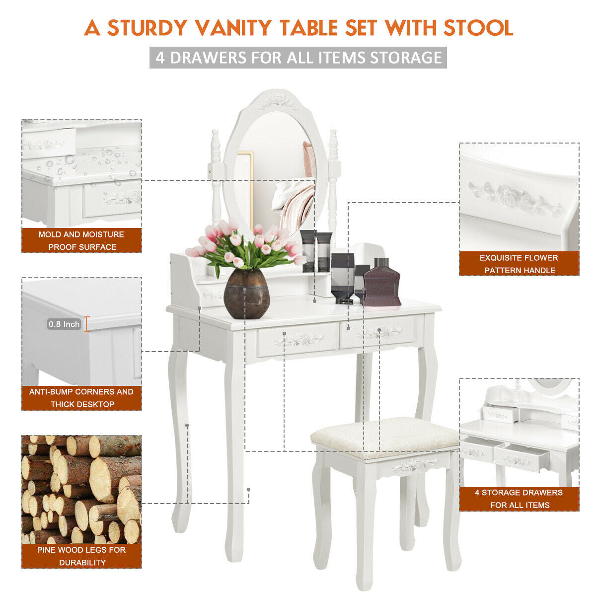 Wood Vanity Table Set with Oval Mirror and 4 Drawers for Kids Girls Women-White