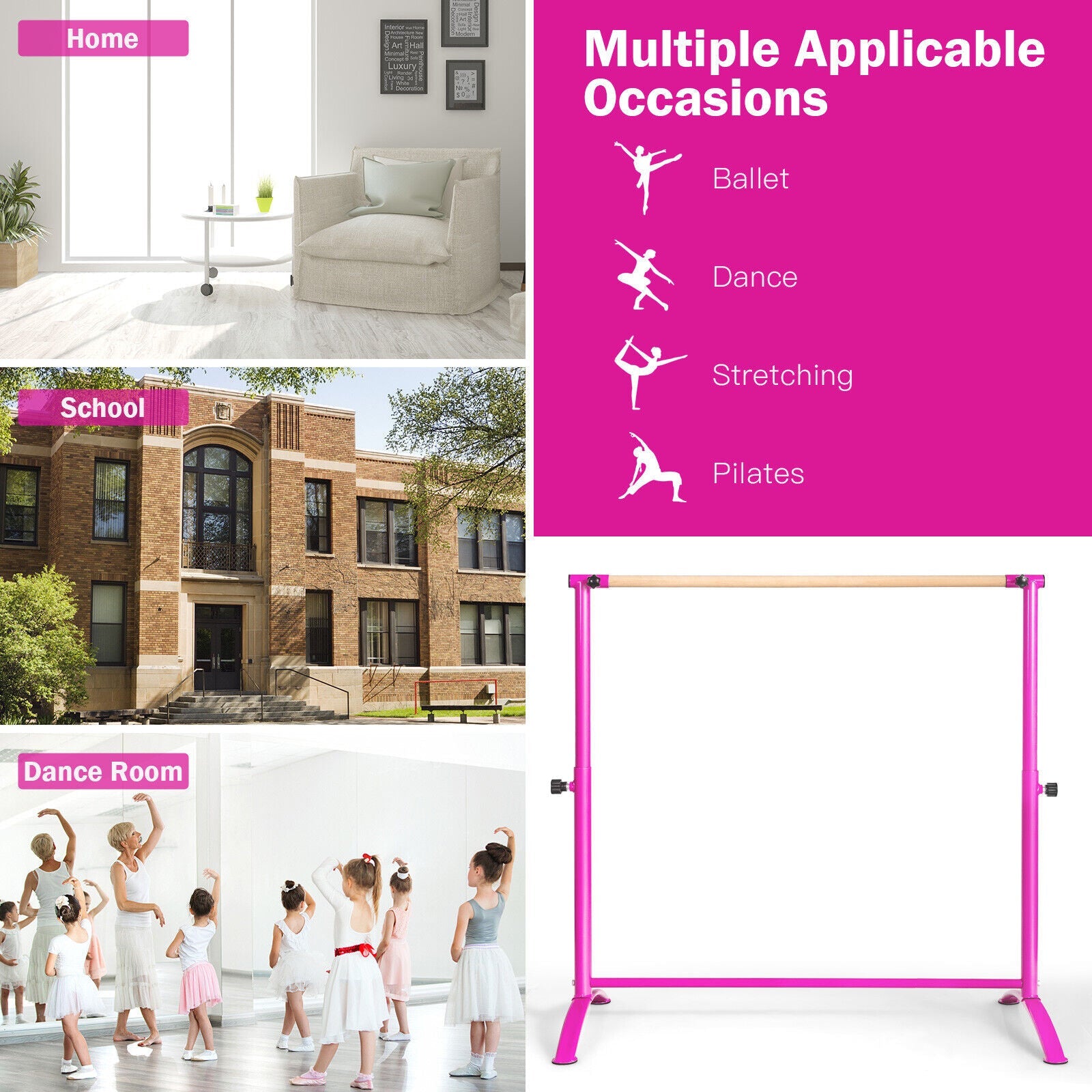 51 Inch Ballet Barre Bar with 4-Position Adjustable Height