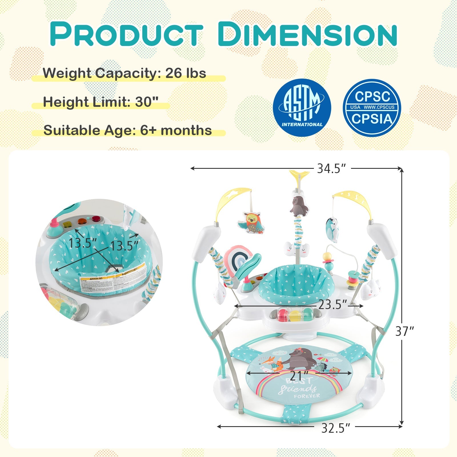 Baby Activity Center Height Adjustable Baby Bouncing Saucer with Interactive Toys