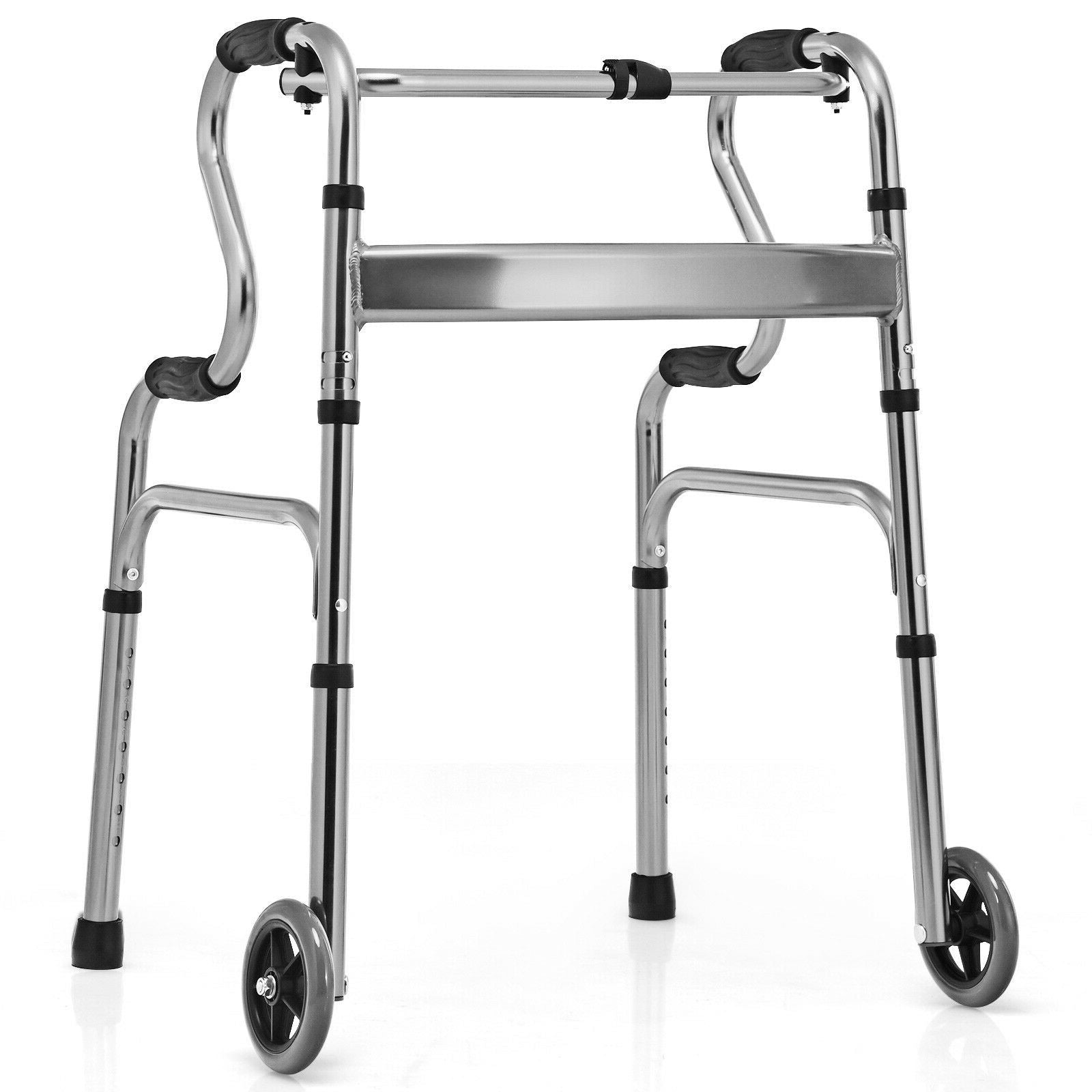 Adjustable Heavy-Duty Folding Walker with Unidirectional Wheels and Bi-Level Armrests-Black