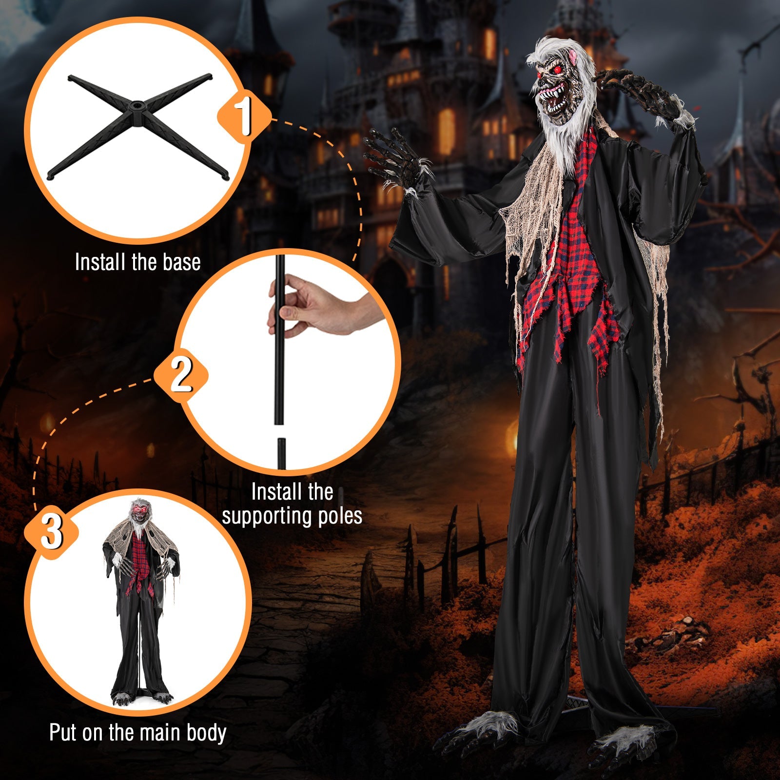 8.2 FT Standing Animatronic Werewolf with Howling Sounds Red Flashing Eyes and Poseable Arms