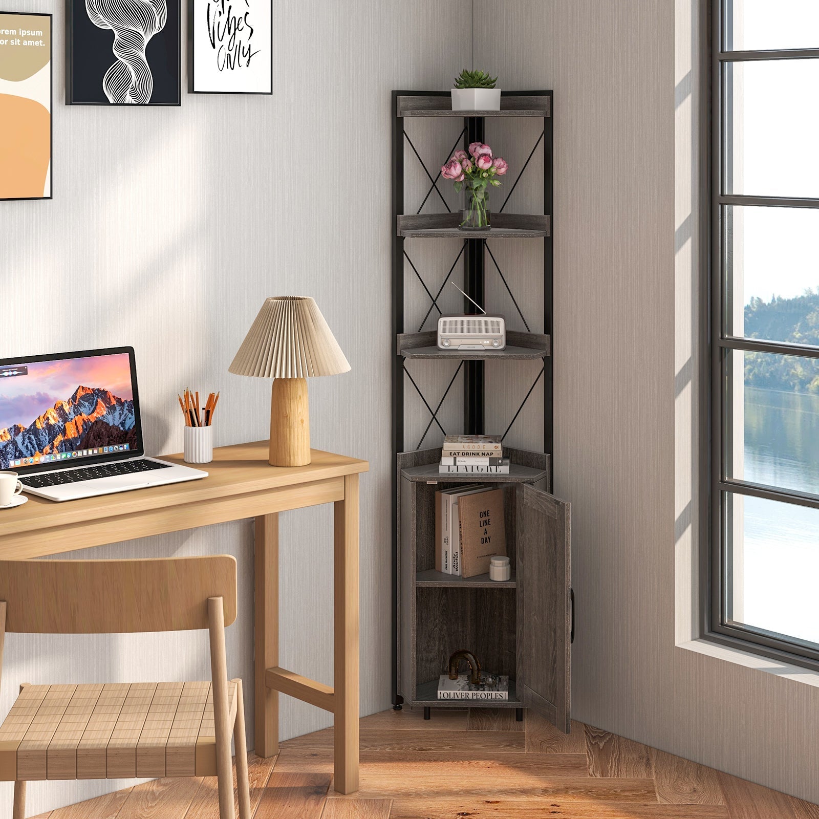 Tall Corner Storage Cabinet with 3-Tier Shelf and Enclosed Cabinet