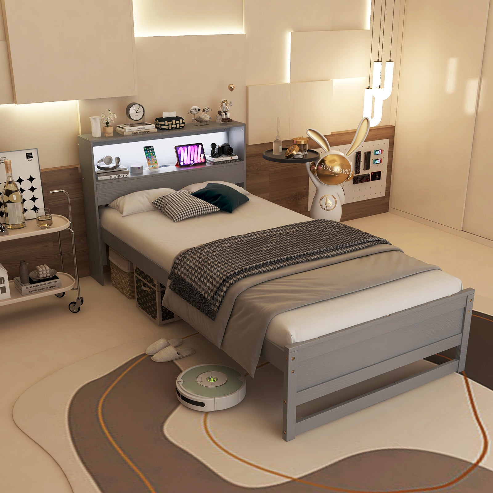 Twin Size Bed Frame with Storage Headboard and Charging Station