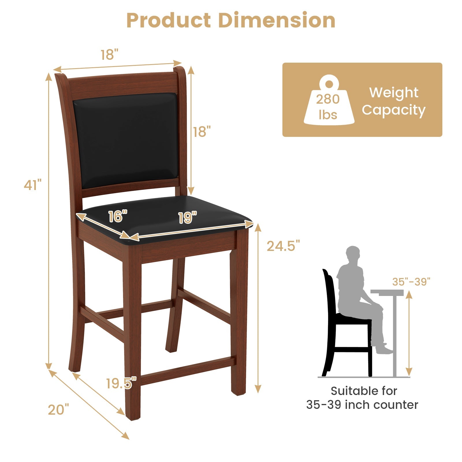 Upholstered Counter Stool Set of 2 with Solid Rubber Wood Frame-Brown