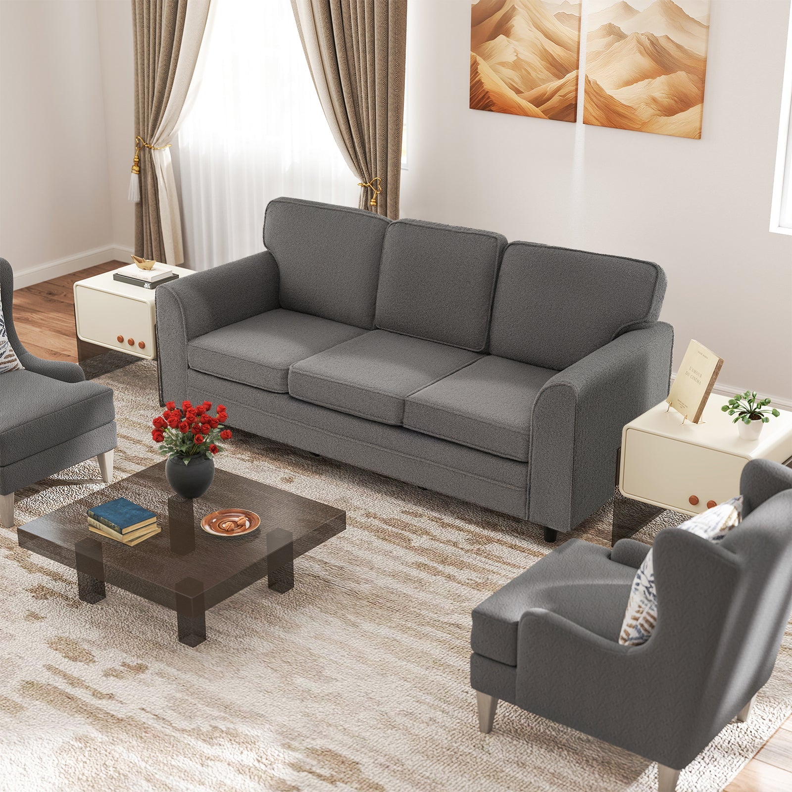 Upholstered Teddy Velvet 3-Seat Sofa with Comfy Back Pillows