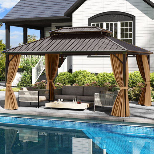 16 x 12 Feet Hardtop Gazebo Aluminum Frame Permanent Pavilion with Curtains and Netting-Coffee