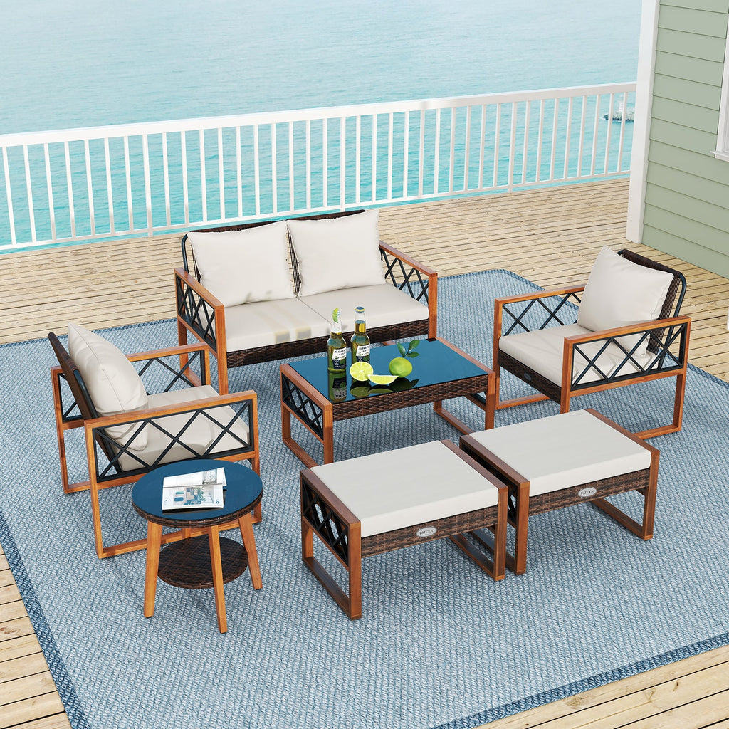 7 Pieces Patio Furniture Set PE Wicker Acacia Wood Outdoor Conversation Set