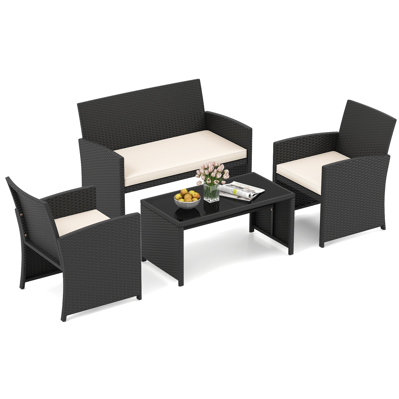 4 Pieces Patio Furniture Set with Tempered Glass Tabletop and Removable Cushion