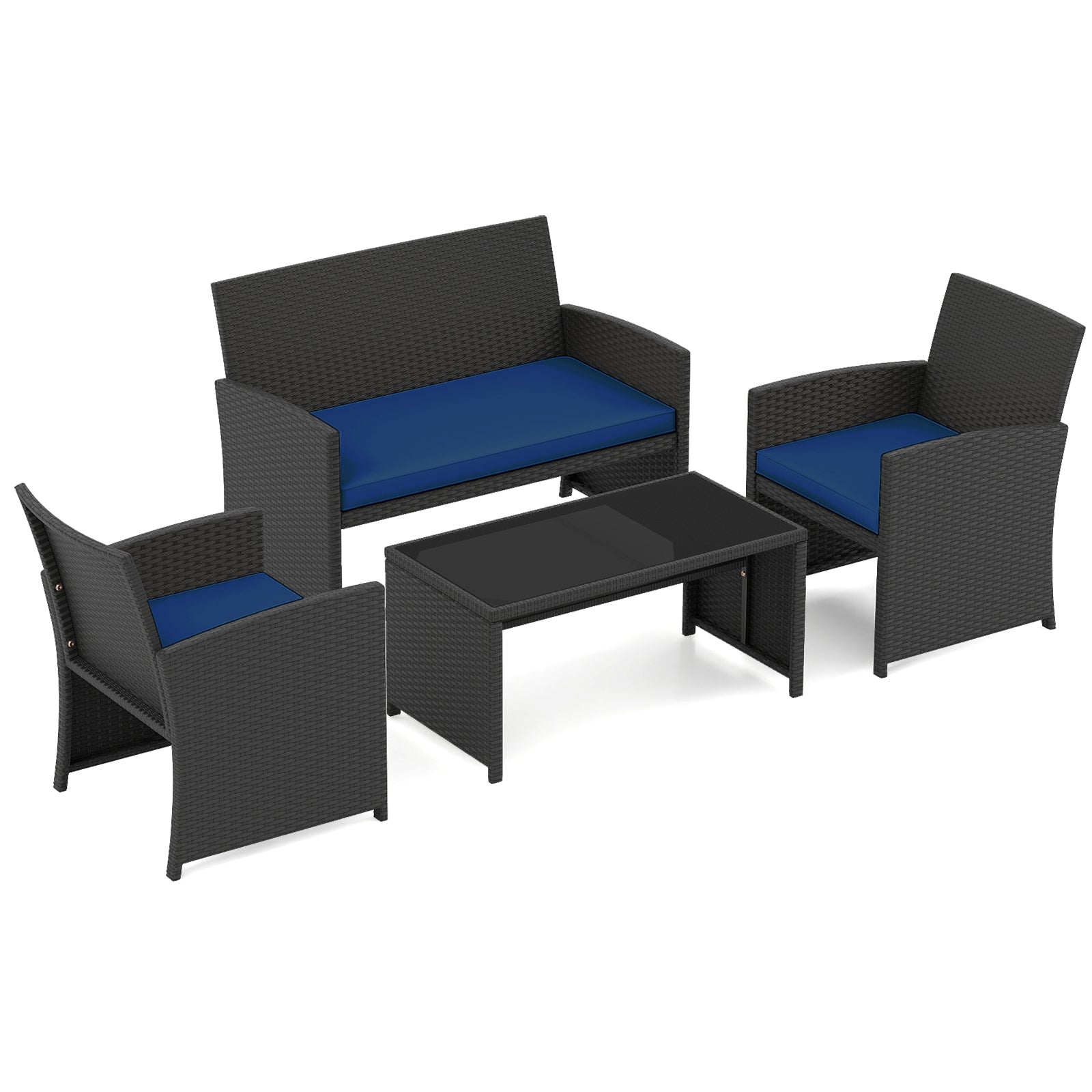 4 Pieces Patio Furniture Set with Tempered Glass Tabletop and Removable Cushion