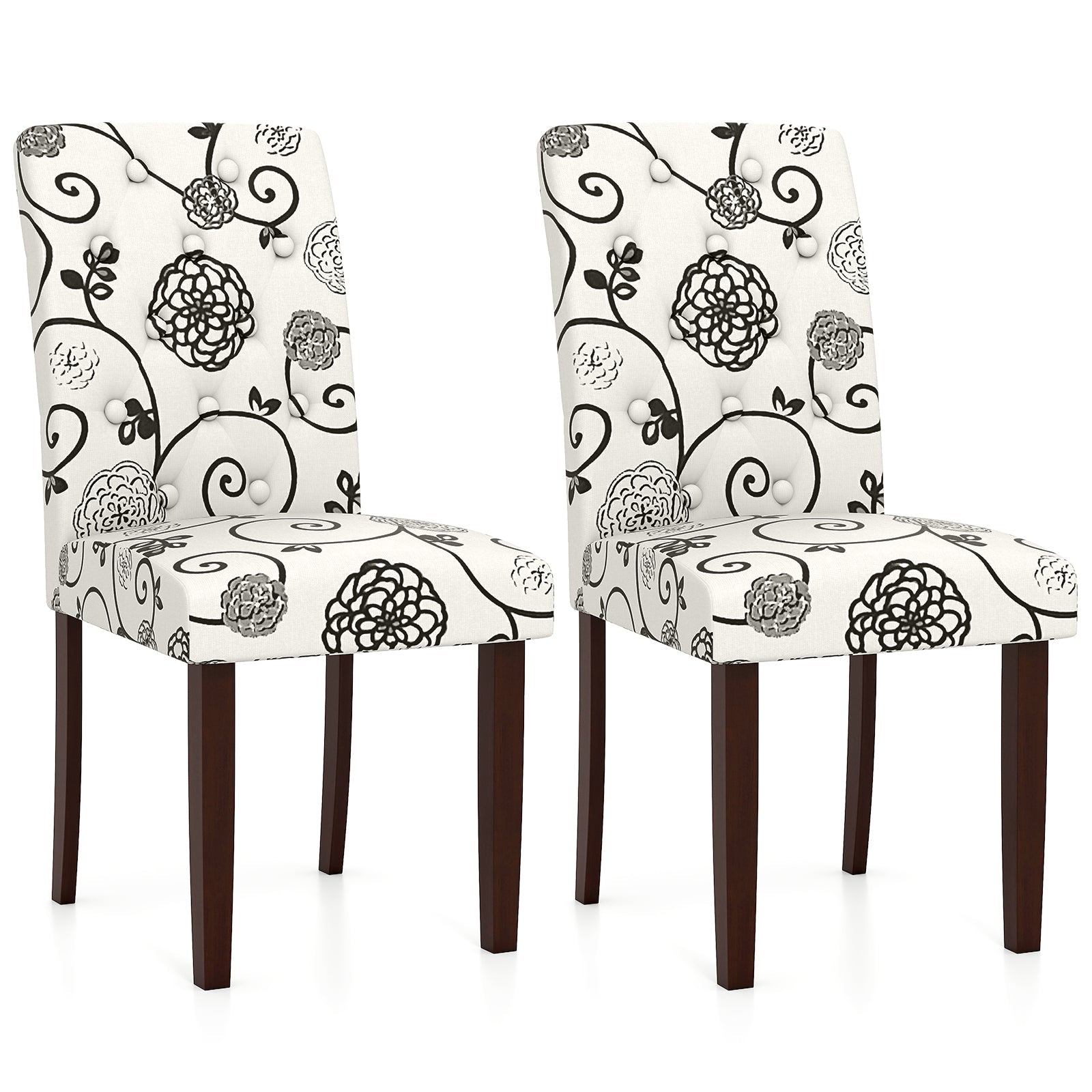 Button Tufted Fabric Upholstered Wooden Dining Chair Set of 2 with High Curved Back