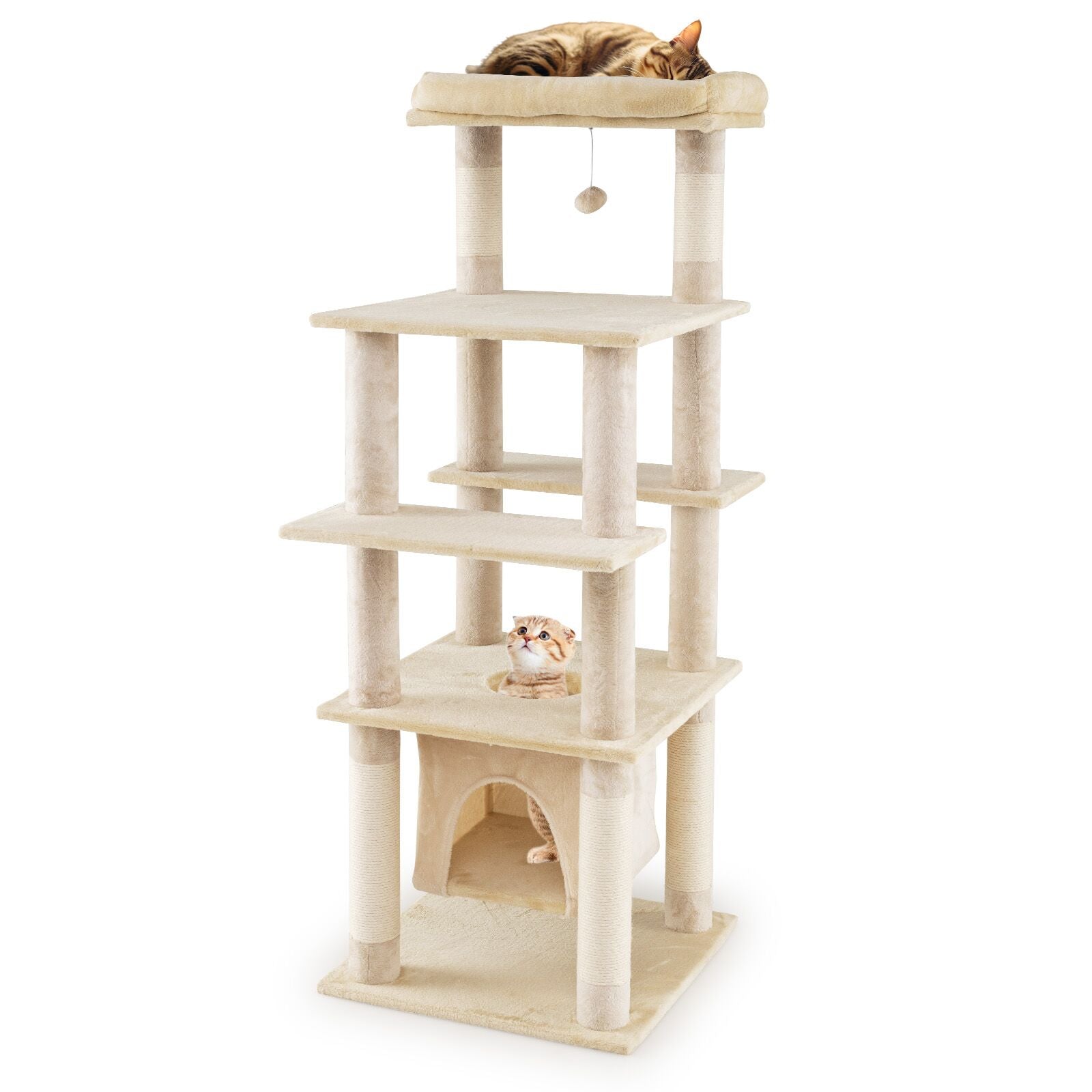 58 Inch Large Multi-level Cat Tree with Swaying Aerial Condo and Plush Perch Bed