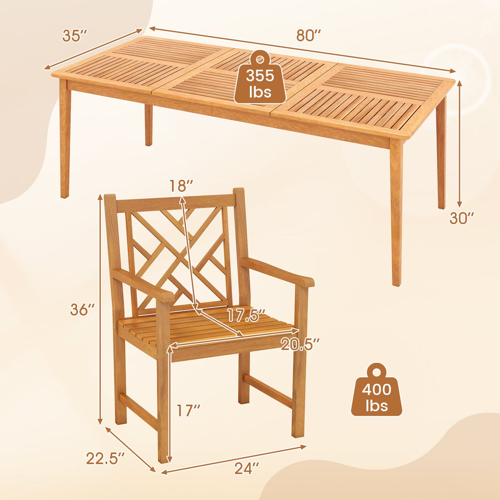 9-Pieces Patio Dining Table Set Wood Rectangular Dining Table with 8 Chairs and Slatted Tabletop