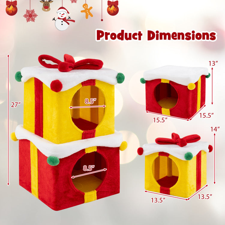 Cat Furniture Set with 58 Inch Tall Cat Tree Tower and 2 Gift Box Shaped Cute Christmas Cat House