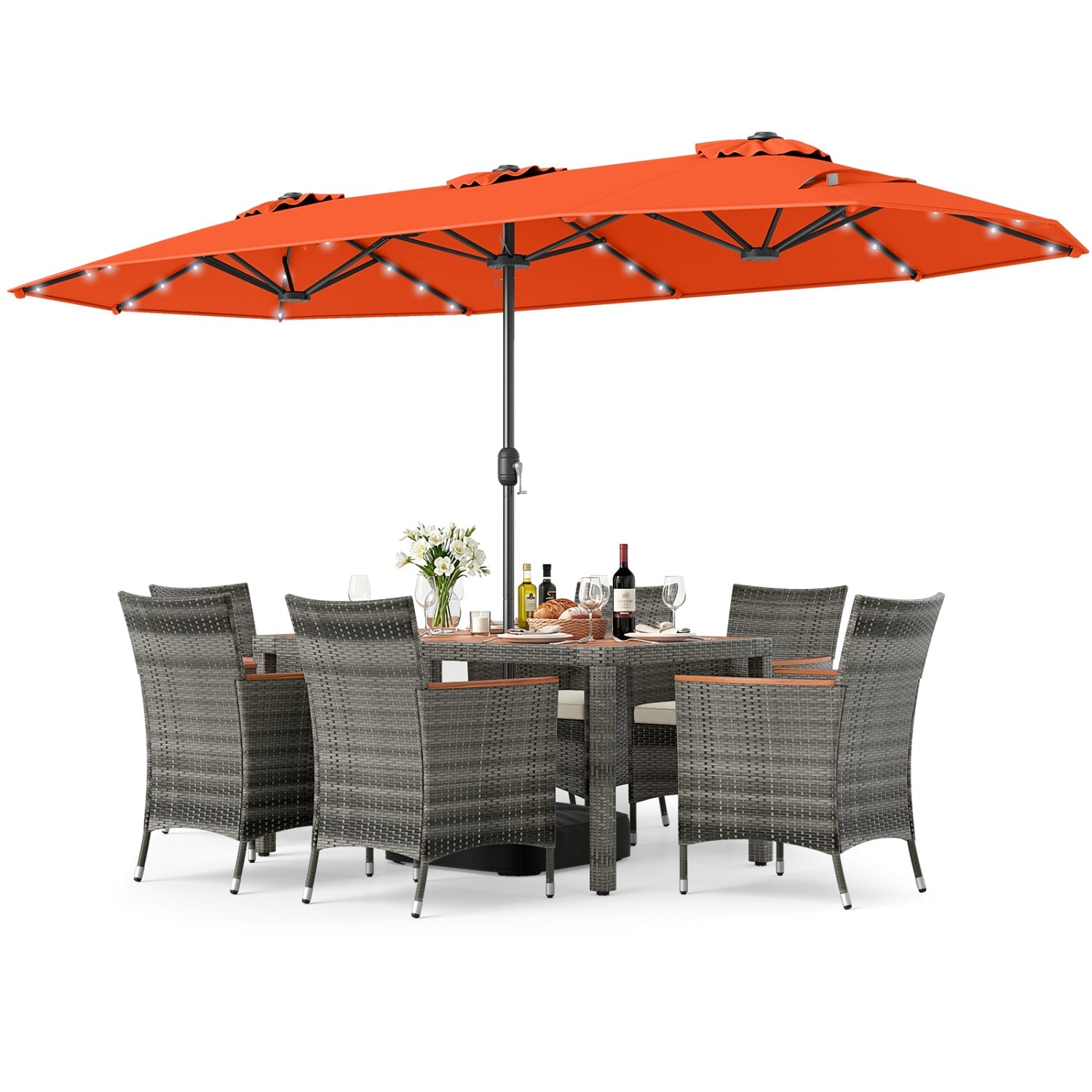 8 Pieces Outdoor Wicker Dining Furniture and 13.5 FT Double-Sided Patio Umbrella