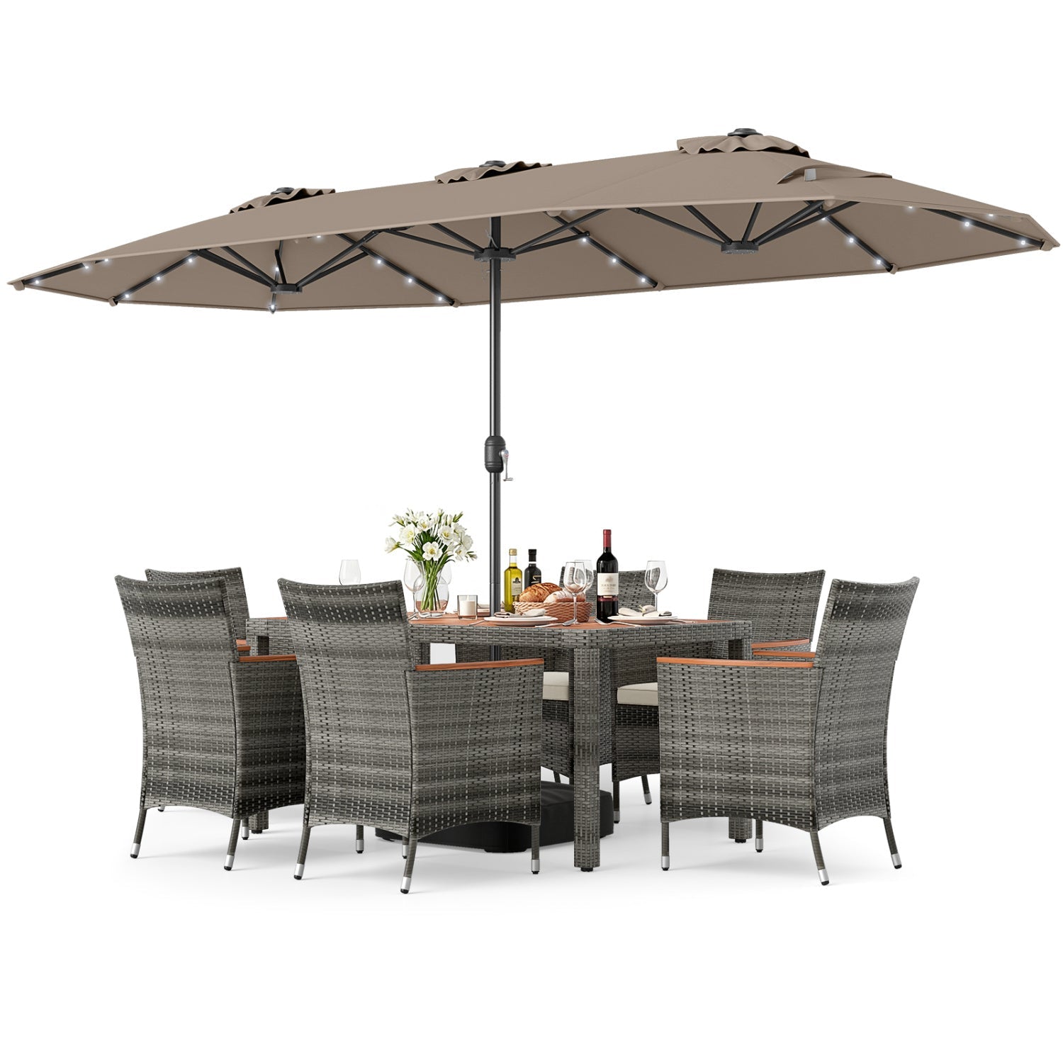 8 Pieces Outdoor Wicker Dining Furniture and 13.5 FT Double-Sided Patio Umbrella