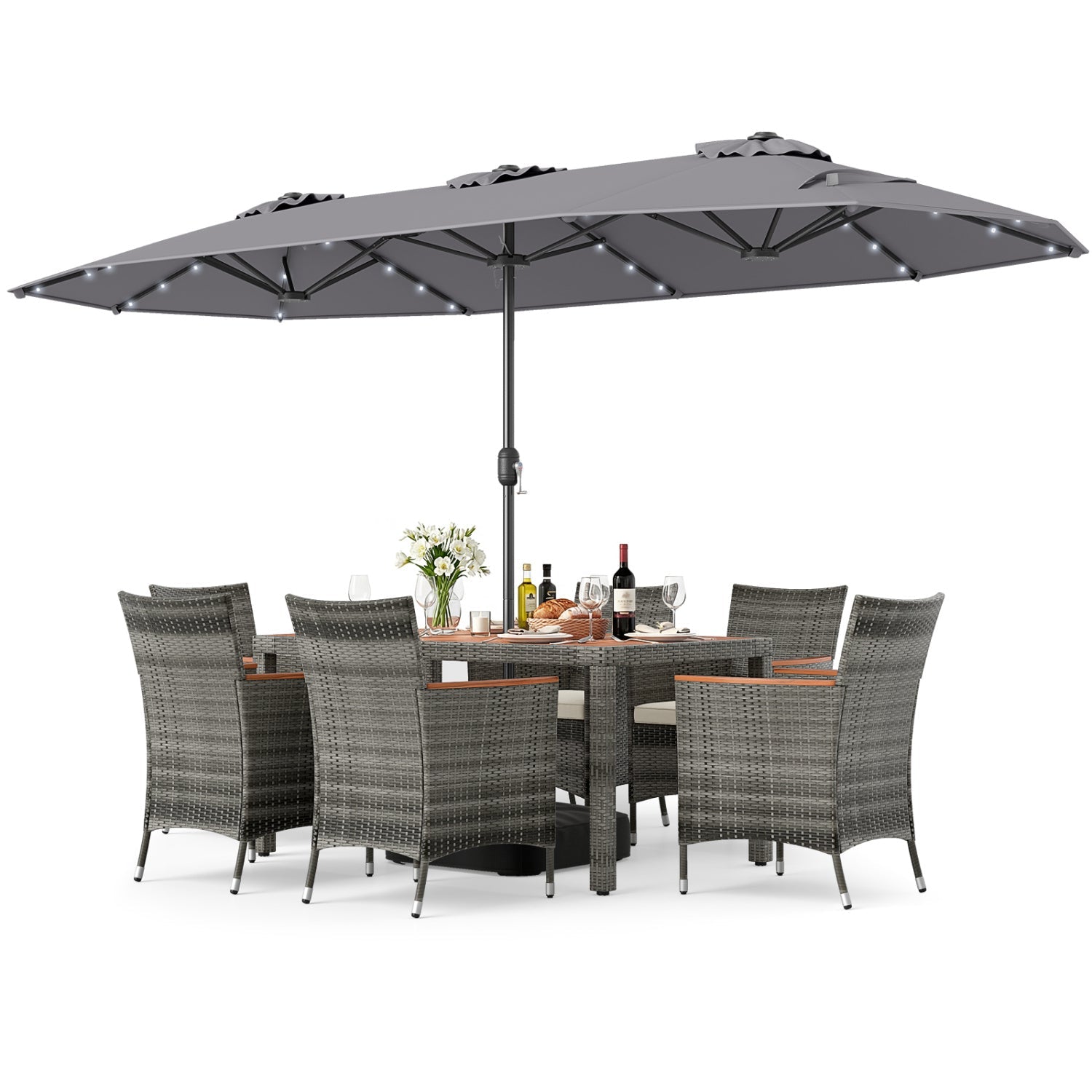 8 Pieces Outdoor Wicker Dining Furniture and 13.5 FT Double-Sided Patio Umbrella