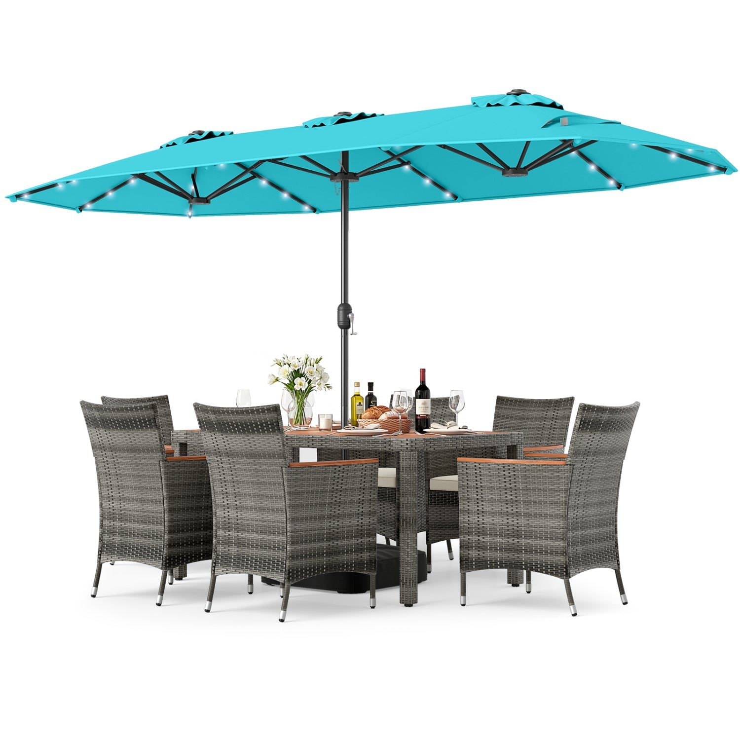 8 Pieces Outdoor Wicker Dining Furniture and 13.5 FT Double-Sided Patio Umbrella