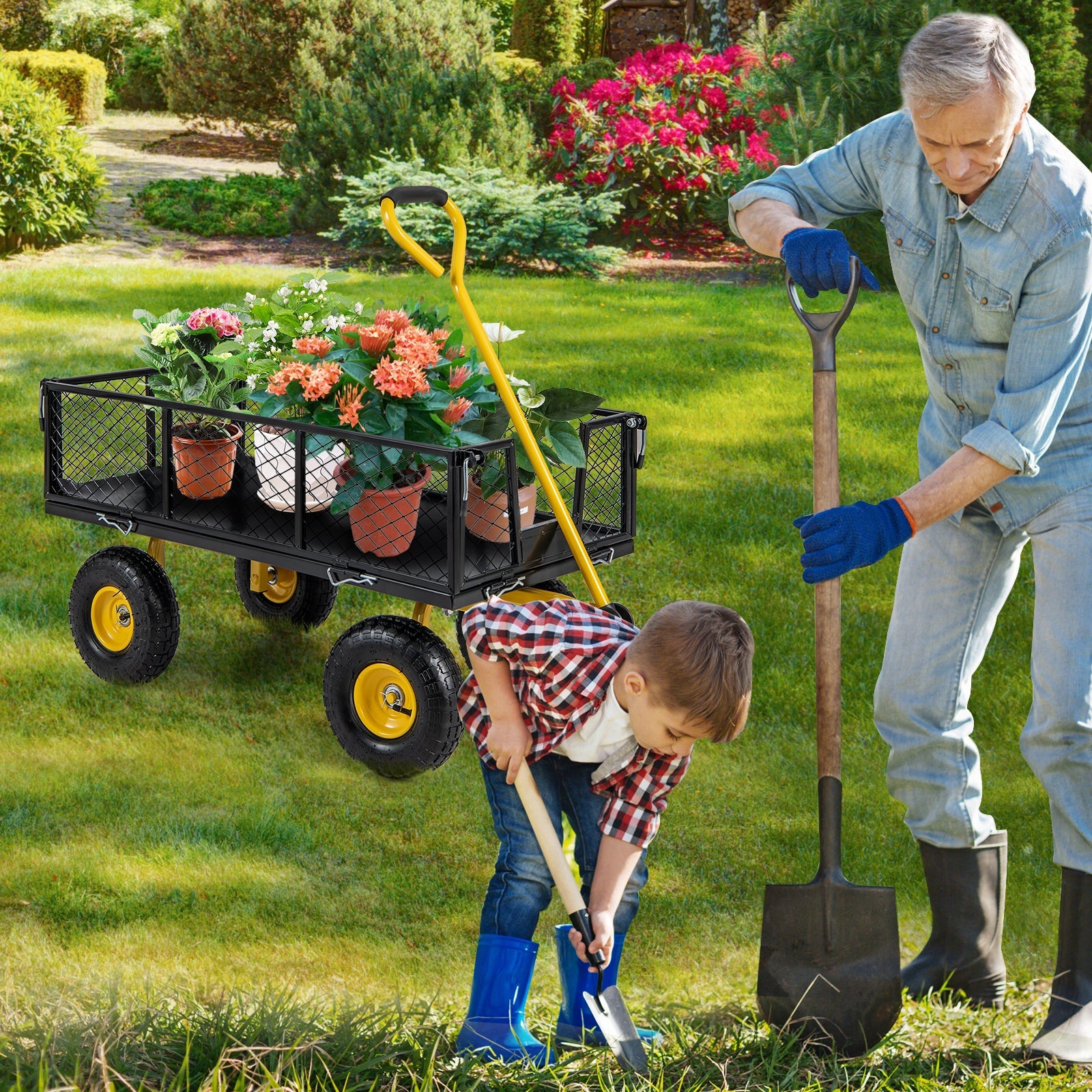 Utility Garden Wagon with 4 Removable Side Panels and 900/1200 LBS Load Capacity