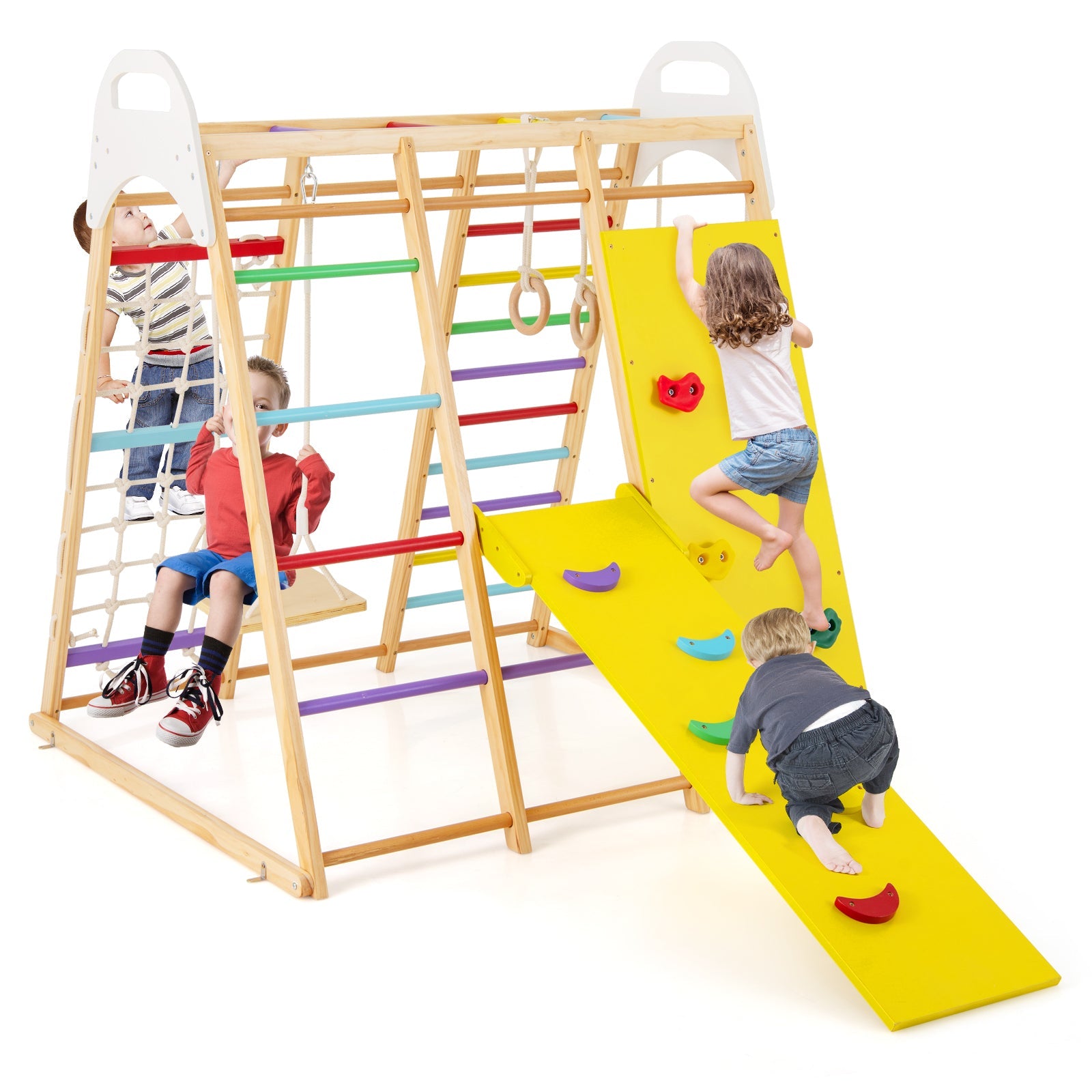 8-in-1 Wooden Jungle Gym Playset with Slide and Monkey Bars